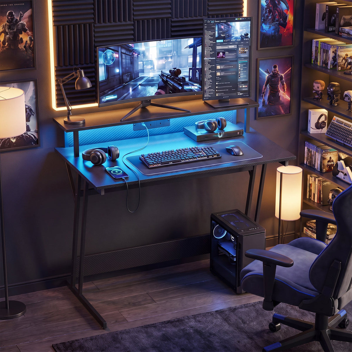 Gaming Desk with LED Lights and Power Outlets, 100 x 60cm Z Shaped Computer Desk with Monitor Stand and Steel Frame, PC Gaming Table for Home Office, Black