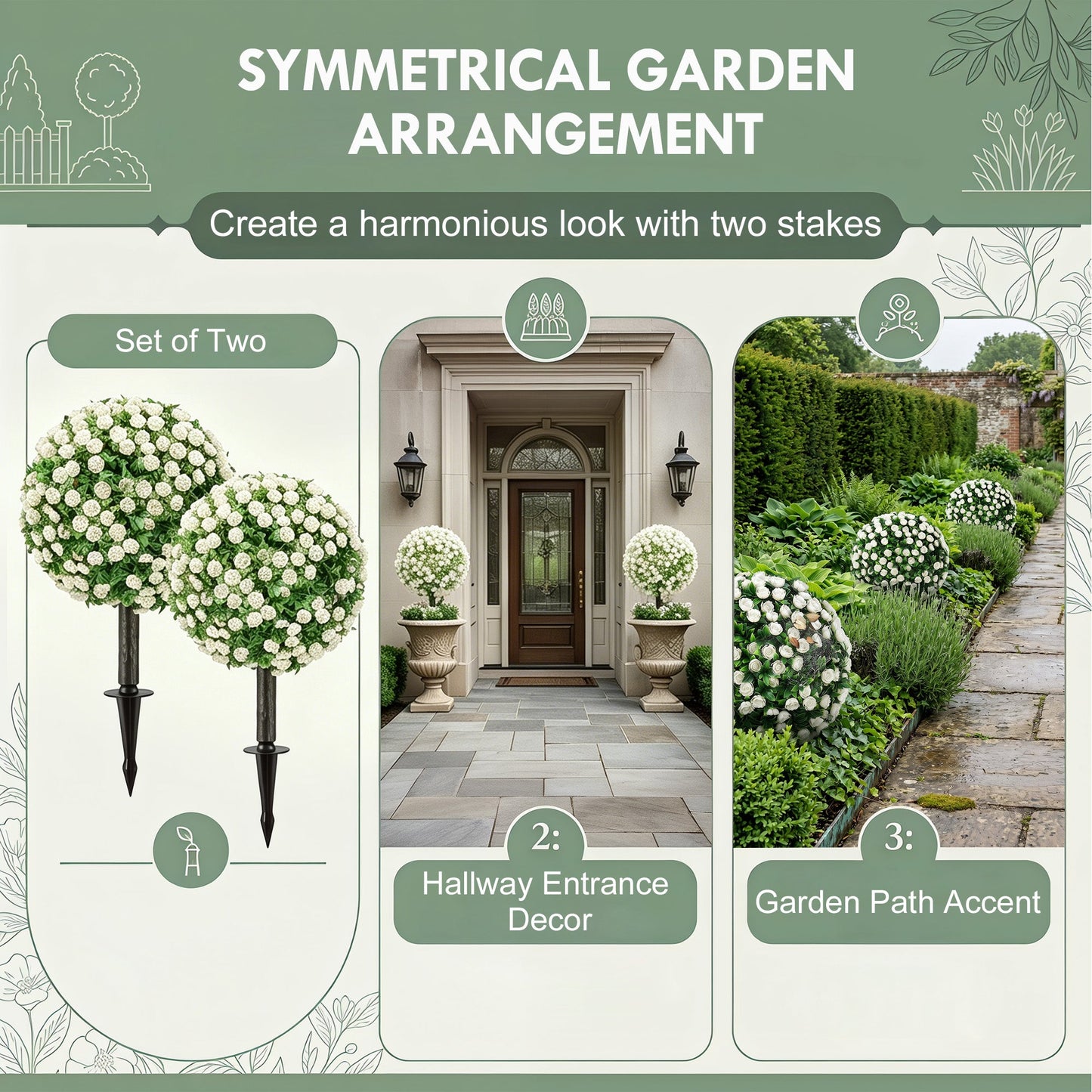 Set of 2 55 cm Artificial Rose Topiary with Ground Stake, UV-Resistant Fake Plants with 306 Roses and Leaves for Indoor Outdoor Home Office Garden Decor, White