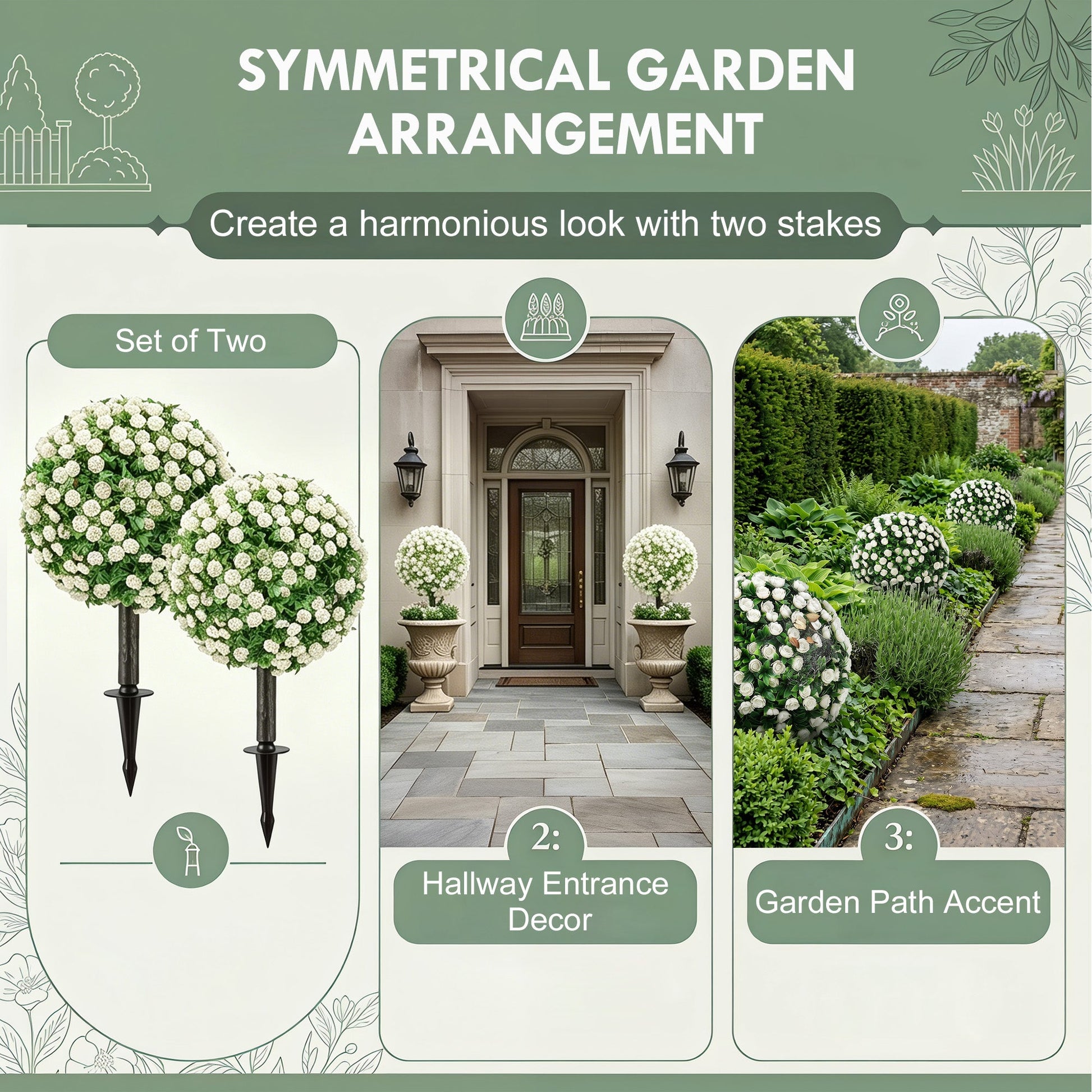 Set of 2 55 cm Artificial Rose Topiary with Ground Stake, UV-Resistant Fake Plants with 306 Roses and Leaves for Indoor Outdoor Home Office Garden Decor, White