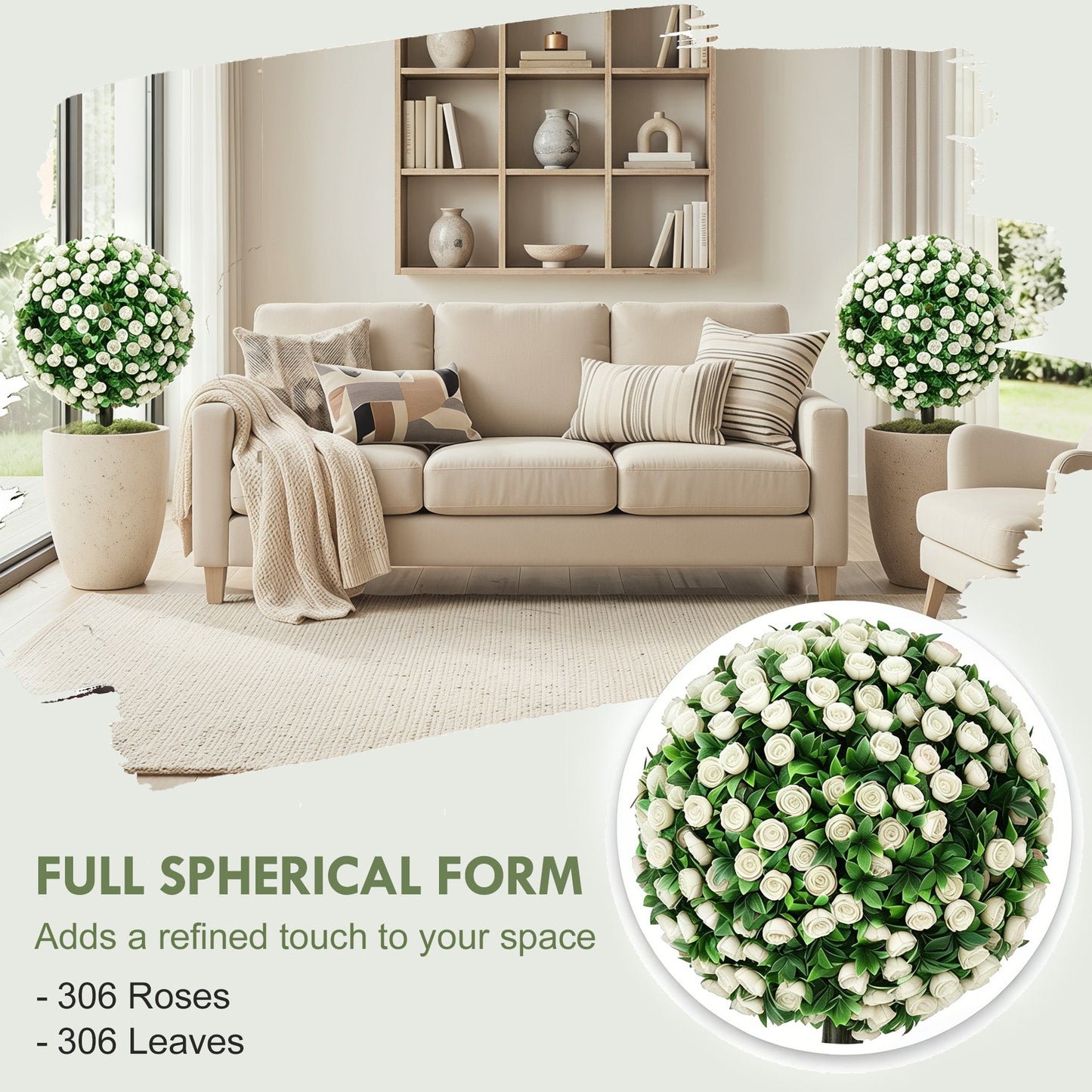 Set of 2 55 cm Artificial Rose Topiary with Ground Stake, UV-Resistant Fake Plants with 306 Roses and Leaves for Indoor Outdoor Home Office Garden Decor, White