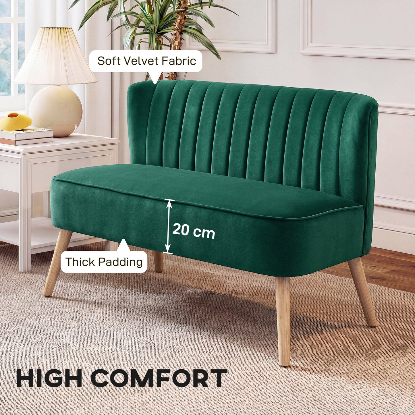 46" Loveseat Sofa, Linen Fabric Upholstered 2 Seater Small Sofa with Thick Padded Seat and Rubber Wood Legs for Living Room, Home Office, Dark Green