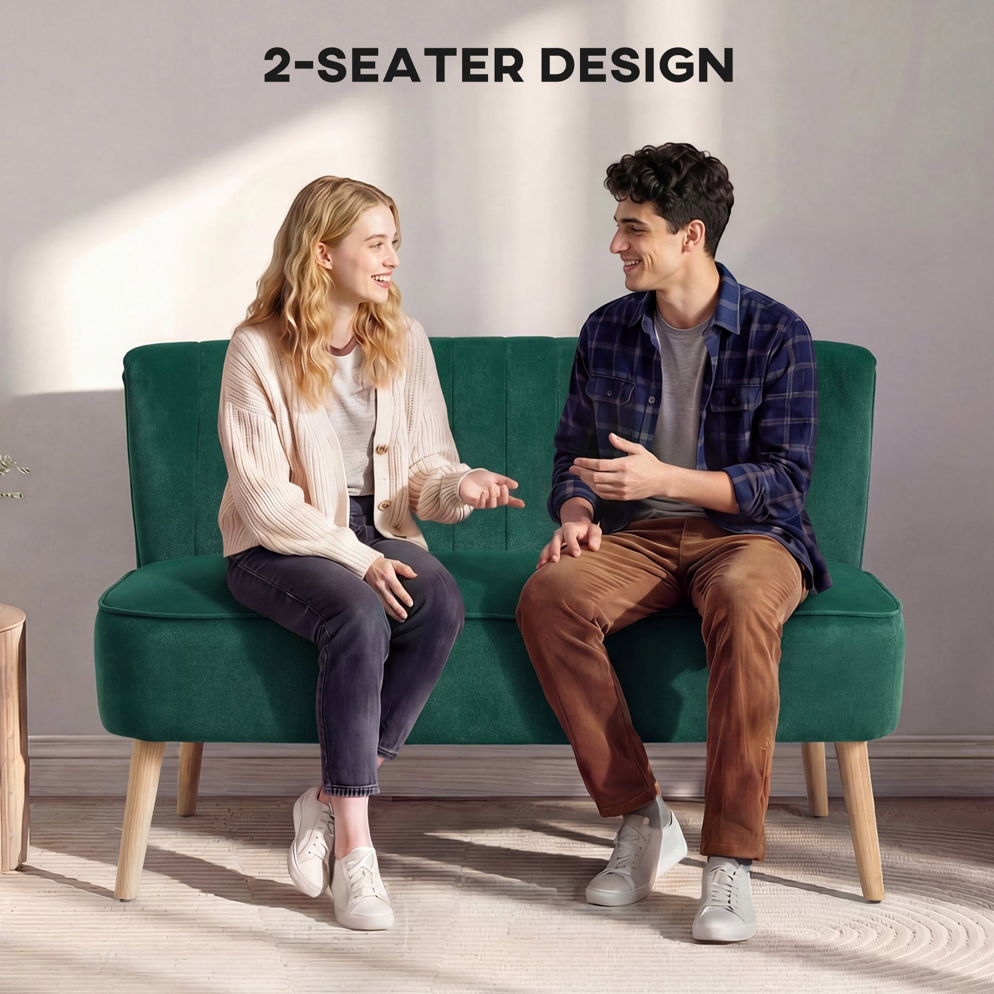 46" Loveseat Sofa, Linen Fabric Upholstered 2 Seater Small Sofa with Thick Padded Seat and Rubber Wood Legs for Living Room, Home Office, Dark Green
