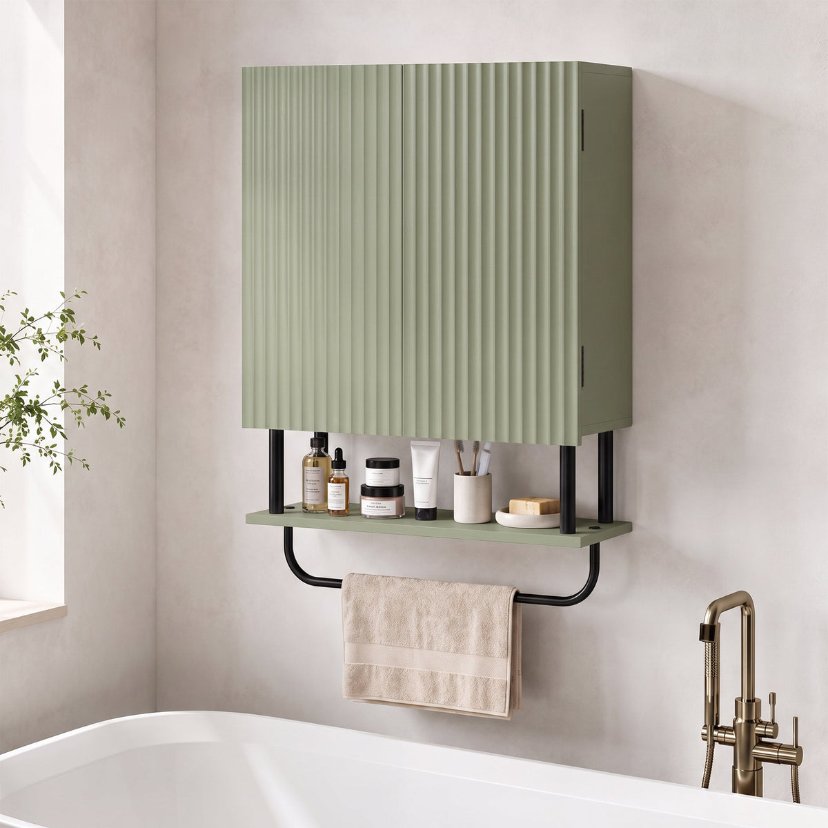 Bathroom Wall Cabinet with 2 Wavy Doors, Modern Bathroom Cabinet Wall Mounted Over Toilet with Hidden Storage and Open shelf, Towel Bar, Space Saving, Green