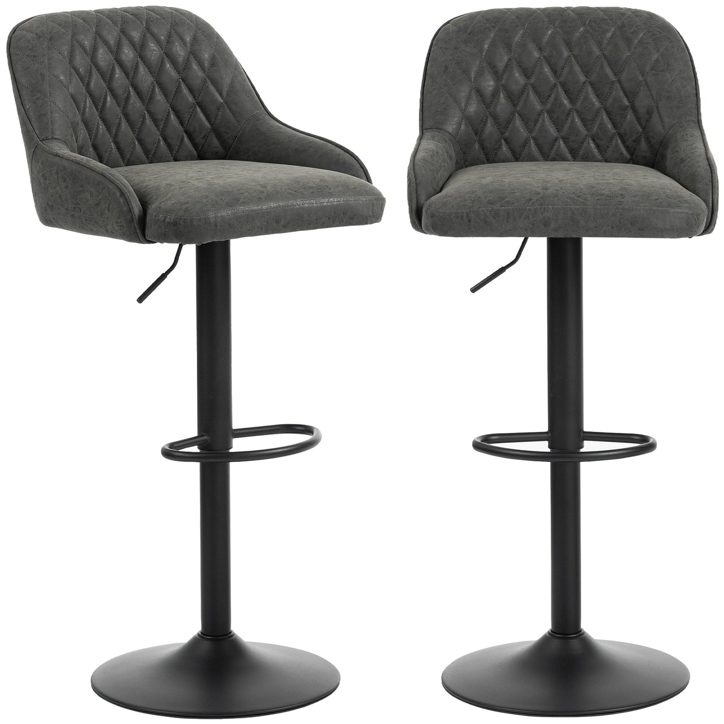 Breakfast Bar Stools Set of 2 with Wide Padded Seat, PU Leather Adjustable Swivel Bar Chairs, Modern Barstools with Footrest for Kitchen Island Counter, Home Bar, Dark Grey