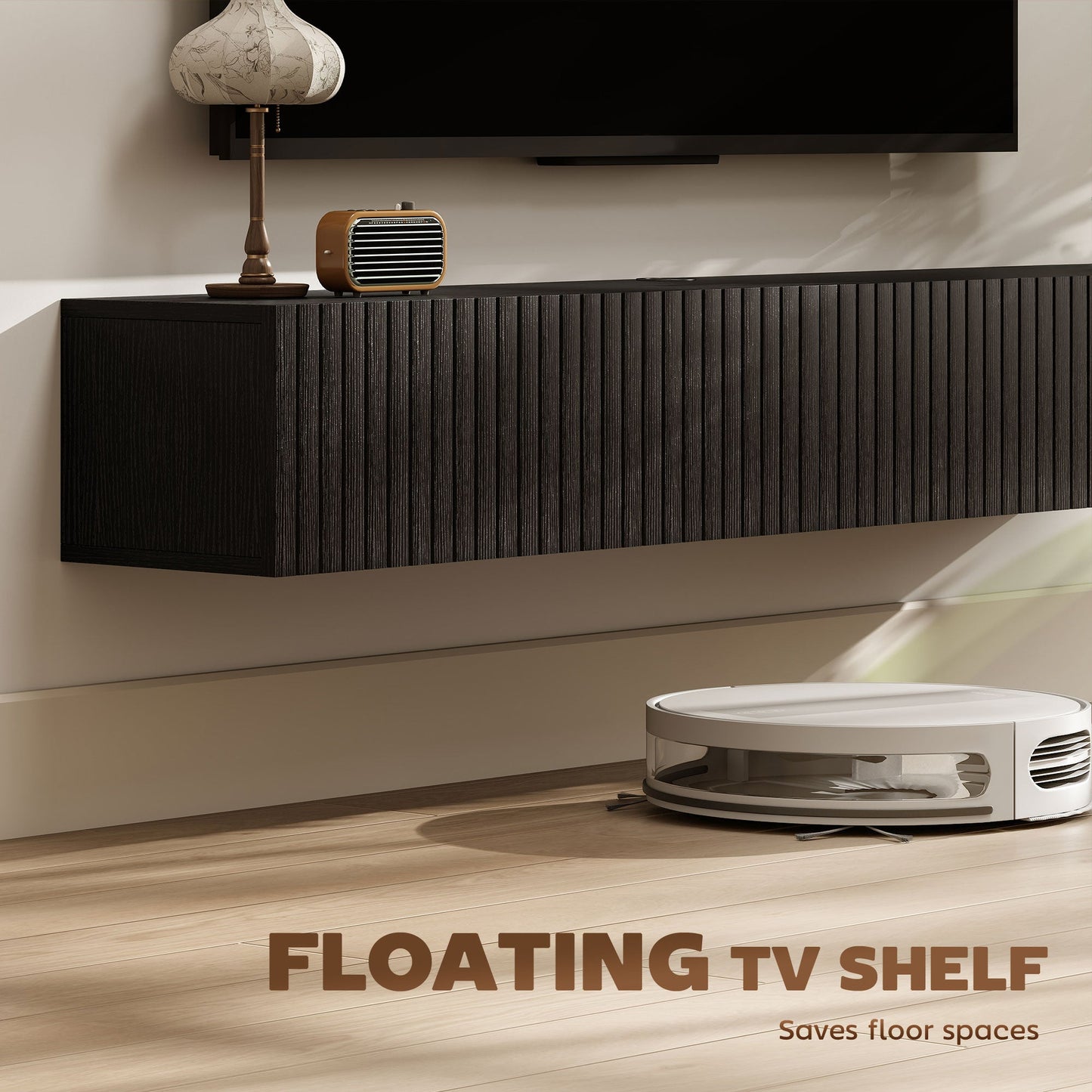 Floating TV Unit for Television up to 72 Inch, 180cm Wall Mount TV Stand Cabinet with Fluted Flip-Down Doors, Cable Management Hole, Entertainment Media Console for Living Room, Bedroom, Black