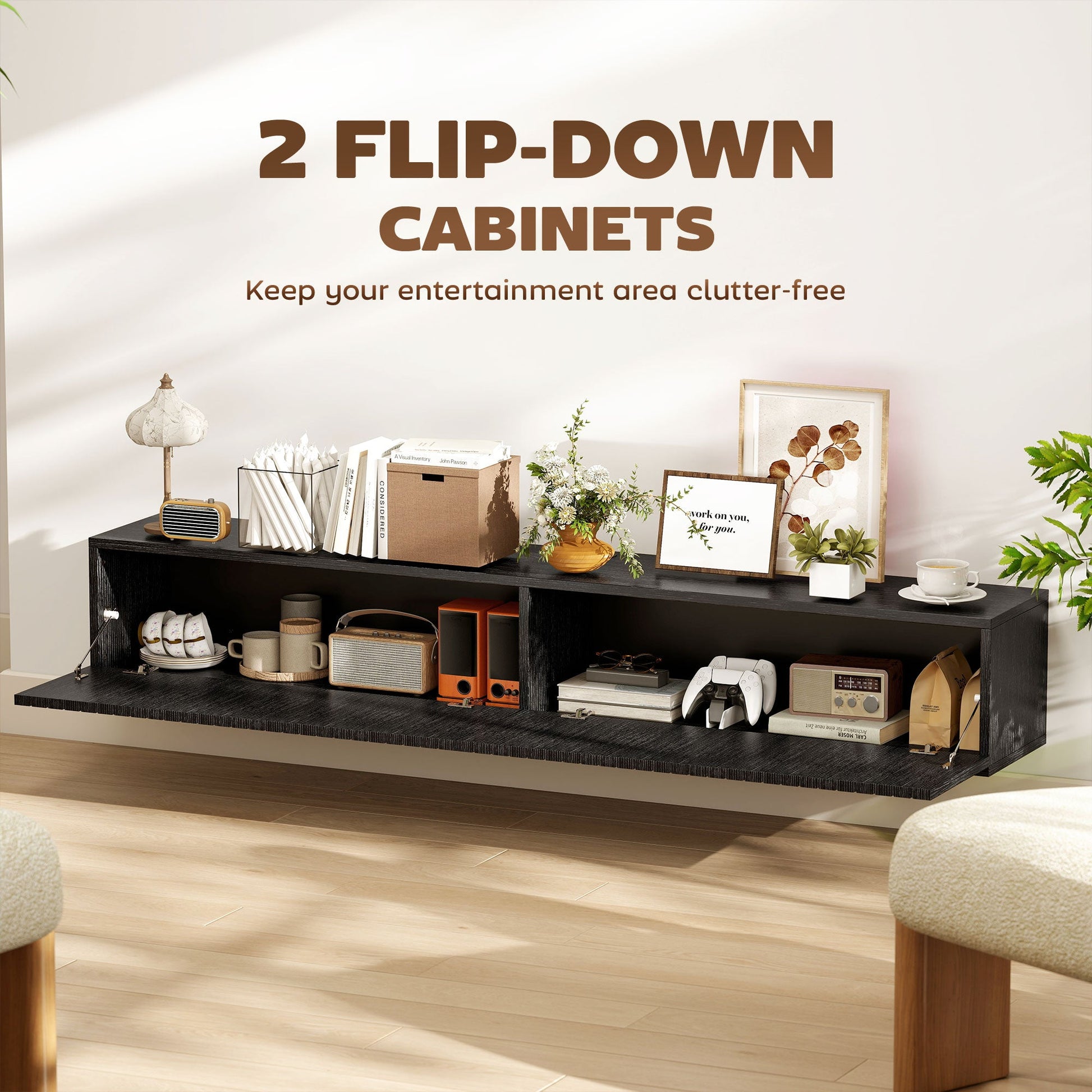 Floating TV Unit for Television up to 72 Inch, 180cm Wall Mount TV Stand Cabinet with Fluted Flip-Down Doors, Cable Management Hole, Entertainment Media Console for Living Room, Bedroom, Black