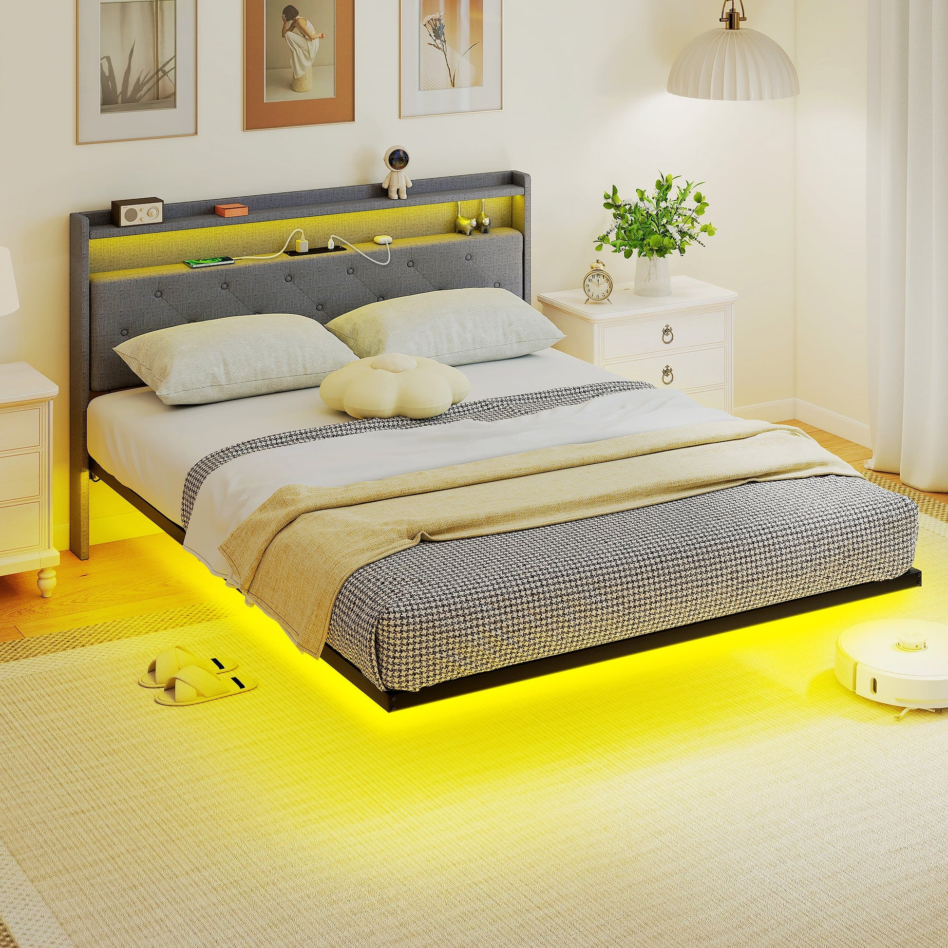5ft King Size Bed Frame, Floating Bed Frame with Music Sync RGB LED Lights and Charging Station, Upholstered Headboard with Storage Shelves, No Box Spring Needed, Noise Free, Grey