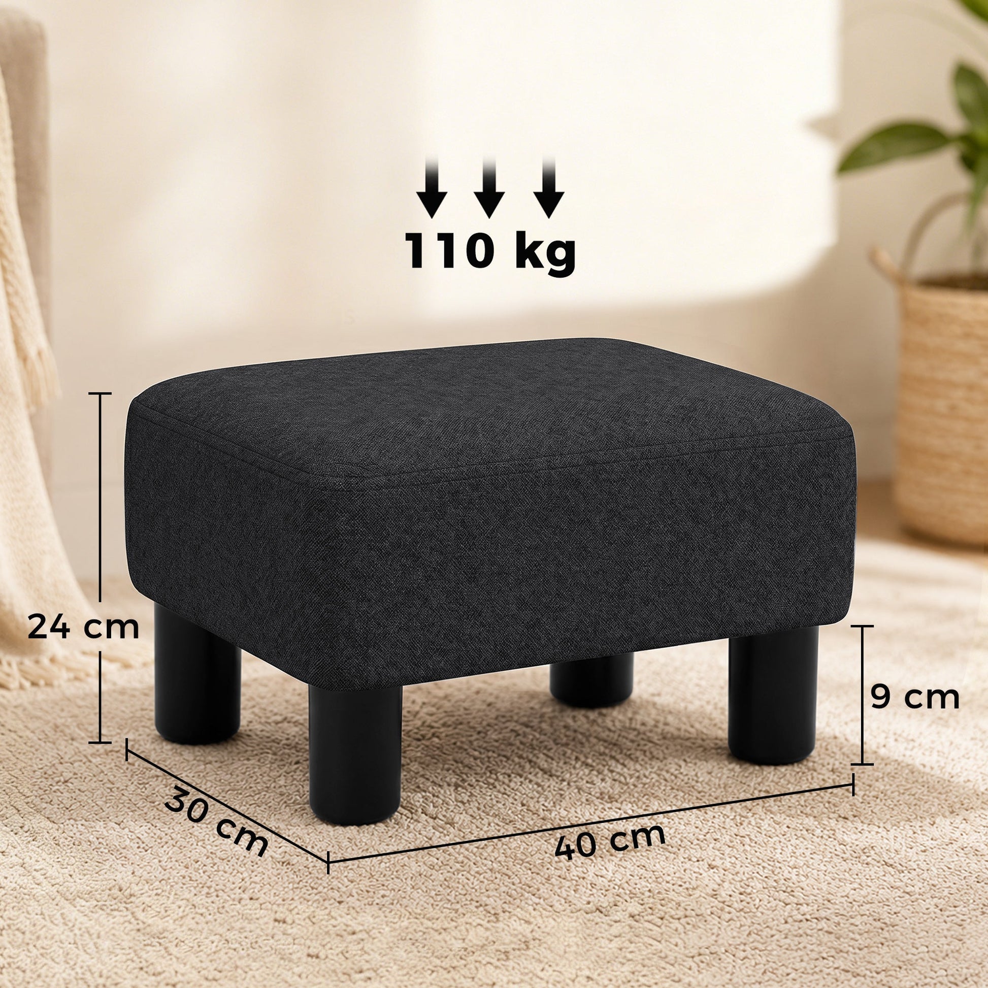 Linen-Look Fabric Foot Stool Footrest Small Seat Footrest Chair Ottoman Home Office with Legs 40 x 30 x 24cm, Black