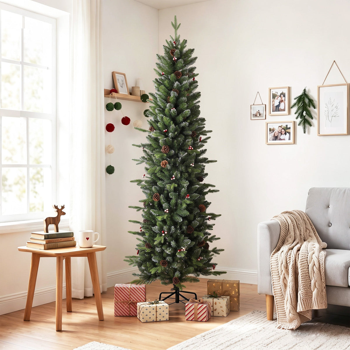 7ft/210cm Artificial Christmas Tree, Slim Gracious Pine Xmas Tree with 904 Branch Tips, Foldable Steel Stand, Easy Assembly for Home Office Holiday Decoration, Green