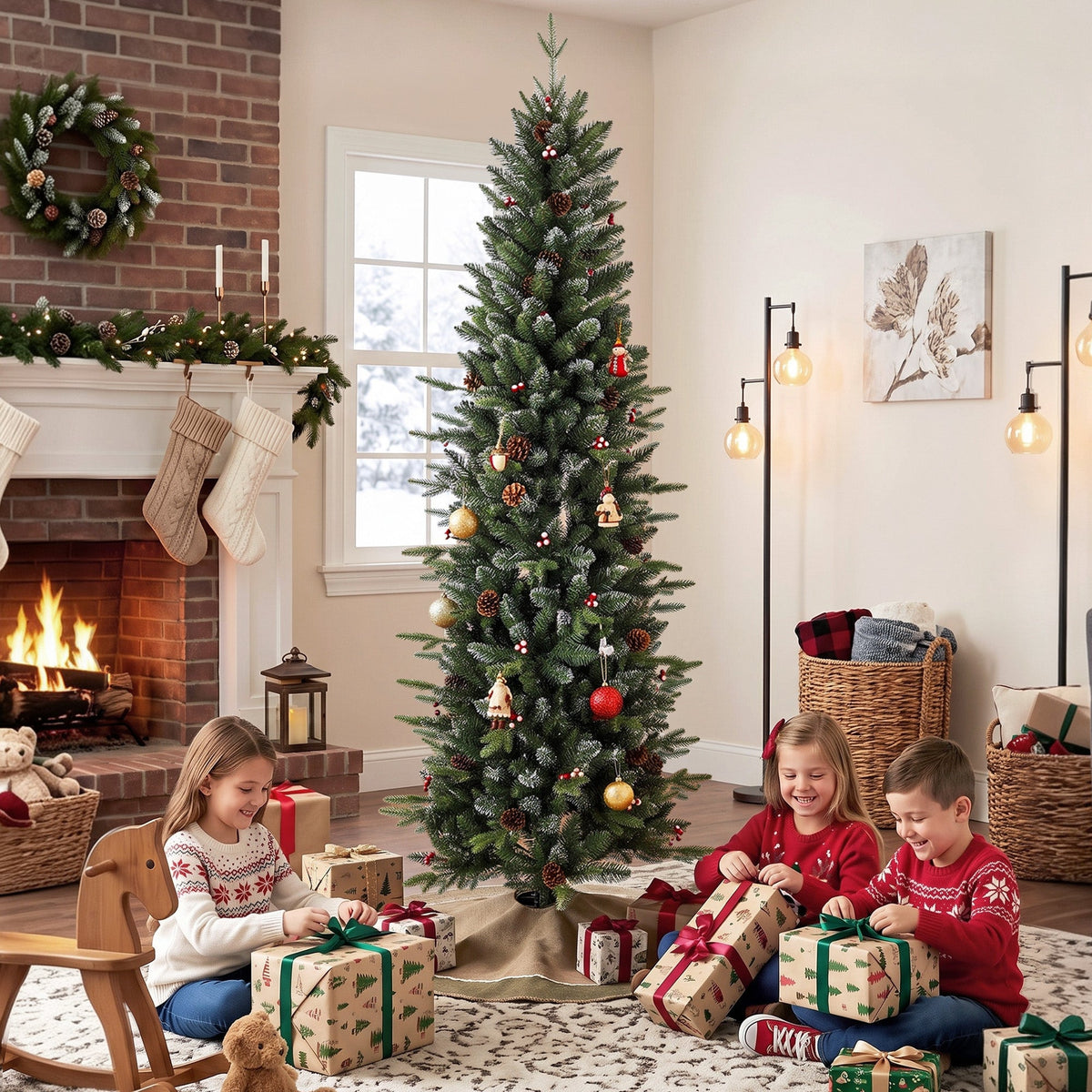 7ft/210cm Artificial Christmas Tree, Slim Gracious Pine Xmas Tree with 904 Branch Tips, Foldable Steel Stand, Easy Assembly for Home Office Holiday Decoration, Green