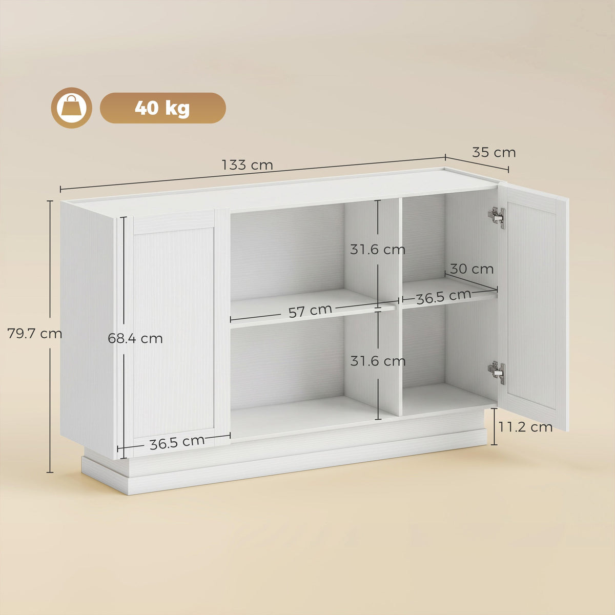 Sideboard Buffet Cabinet, 133 cm Modern Farmhouse Storage Cabinet with 2 Open Shelves, 2 Cupboards and Soft Close Doors for Dining Room, Living Room, White