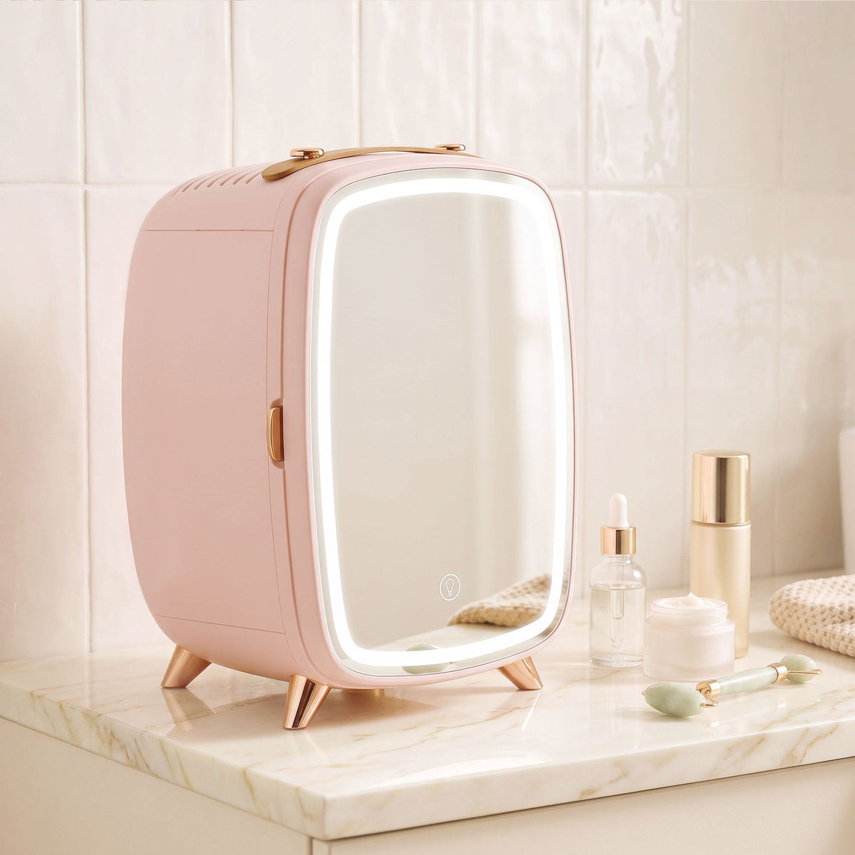 6L Mini Cosmetic Fridge with LED Mirror, Cooling Function, Skincare Refrigerator for Bedroom, Skincare, Office, Pink