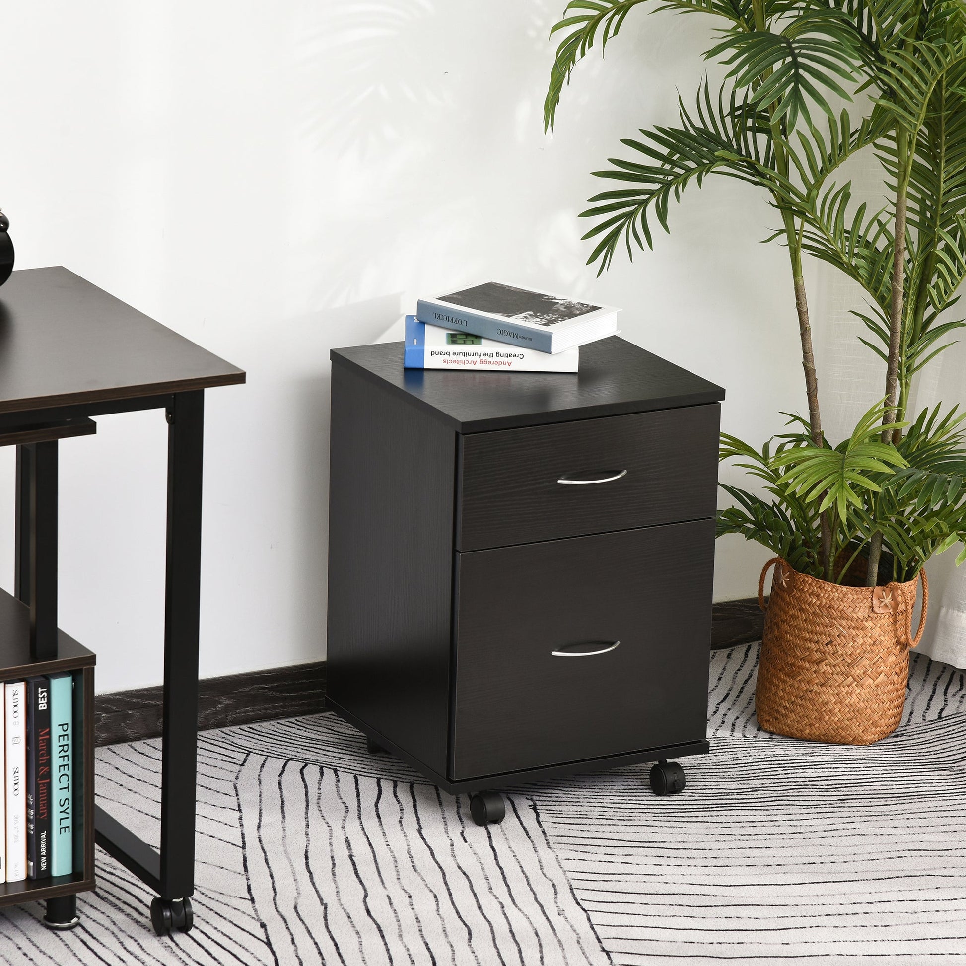 HOMCOM 2 Drawer Filing Cabinet with Wheels, Mobile Filing Cabinet for Home Office, Small Printer Stand, Black Wood Grain