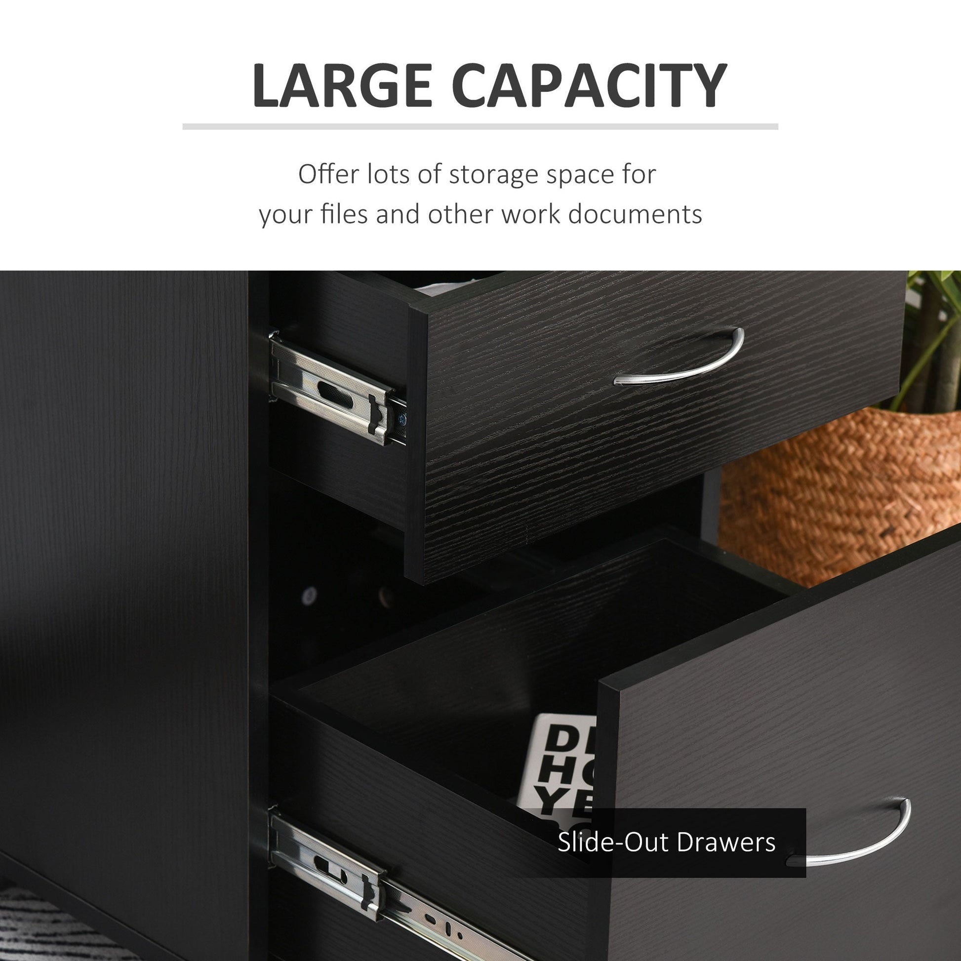 HOMCOM 2 Drawer Filing Cabinet with Wheels, Mobile Filing Cabinet for Home Office, Small Printer Stand, Black Wood Grain
