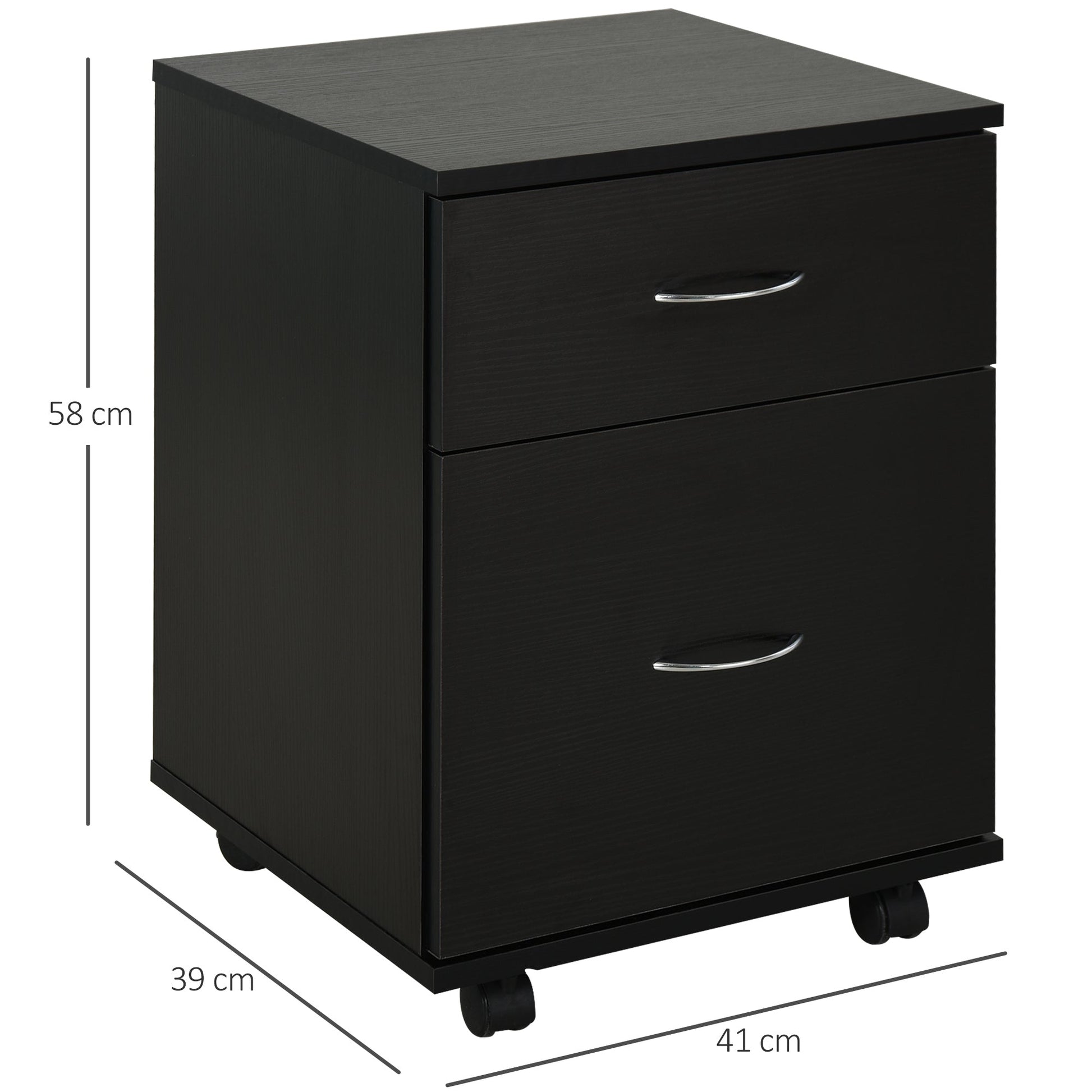 HOMCOM 2 Drawer Filing Cabinet with Wheels, Mobile Filing Cabinet for Home Office, Small Printer Stand, Black Wood Grain