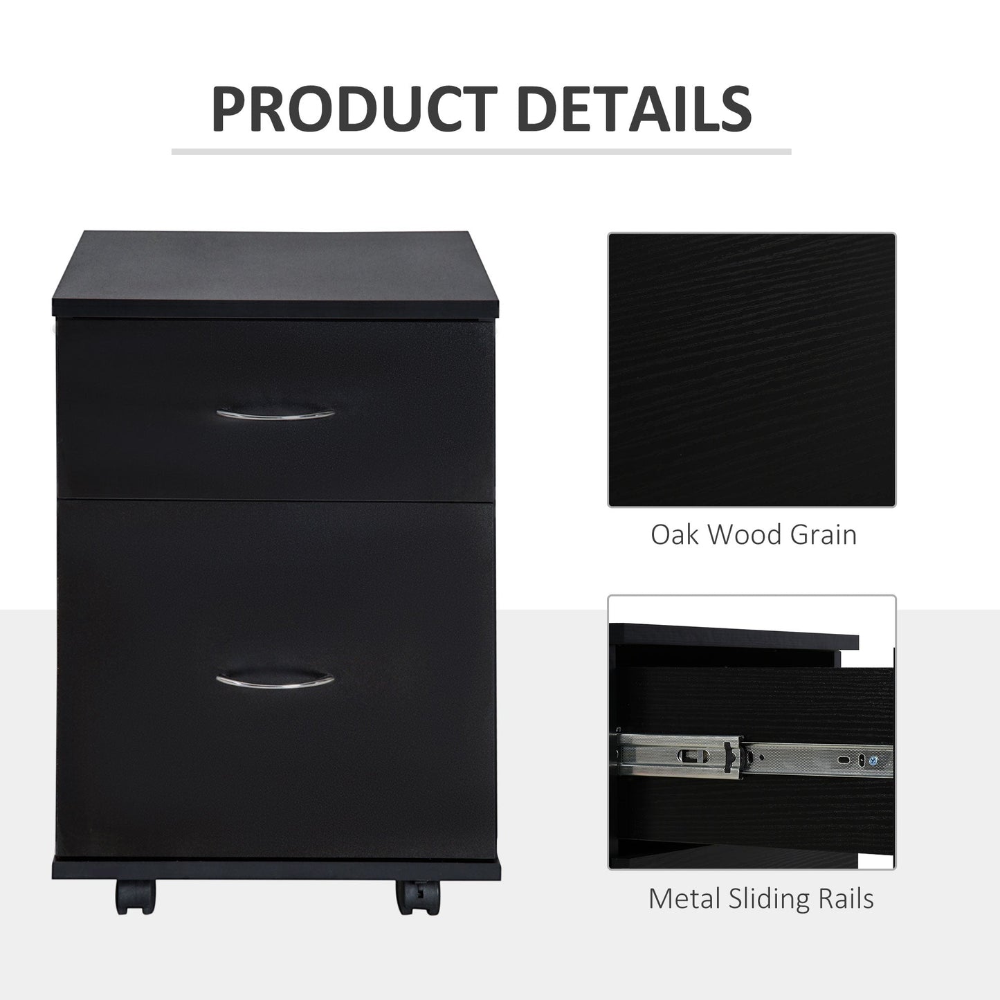 HOMCOM 2 Drawer Filing Cabinet with Wheels, Mobile Filing Cabinet for Home Office, Small Printer Stand, Black Wood Grain