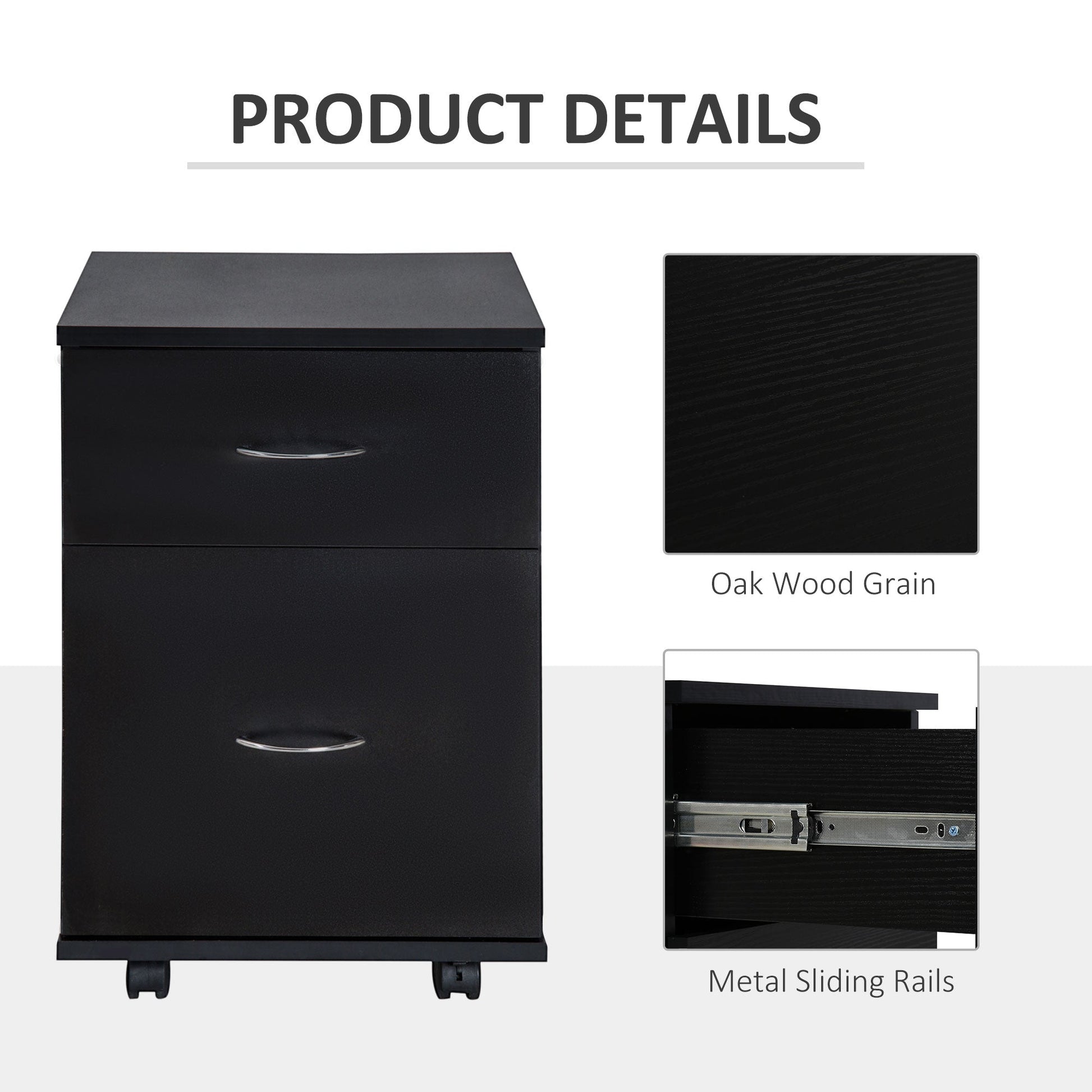 HOMCOM 2 Drawer Filing Cabinet with Wheels, Mobile Filing Cabinet for Home Office, Small Printer Stand, Black Wood Grain