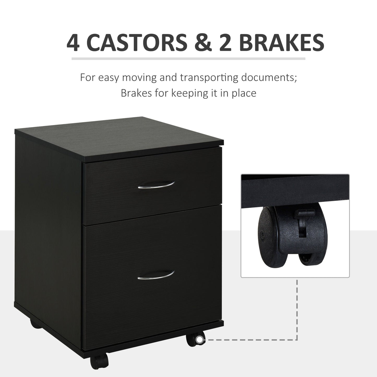HOMCOM 2 Drawer Filing Cabinet with Wheels, Mobile Filing Cabinet for Home Office, Small Printer Stand, Black Wood Grain