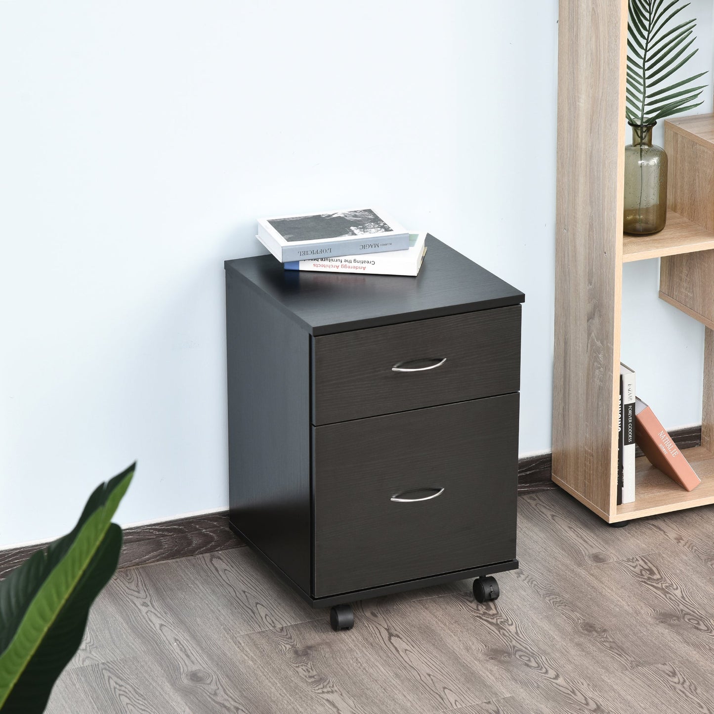 HOMCOM 2 Drawer Filing Cabinet with Wheels, Mobile Filing Cabinet for Home Office, Small Printer Stand, Black Wood Grain
