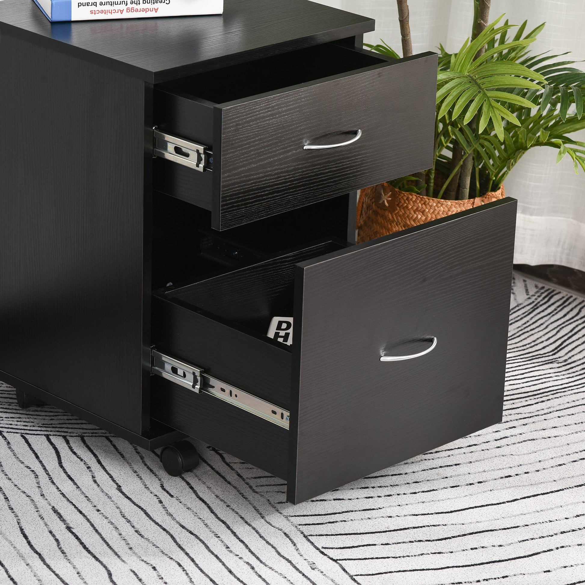 HOMCOM 2 Drawer Filing Cabinet with Wheels, Mobile Filing Cabinet for Home Office, Small Printer Stand, Black Wood Grain