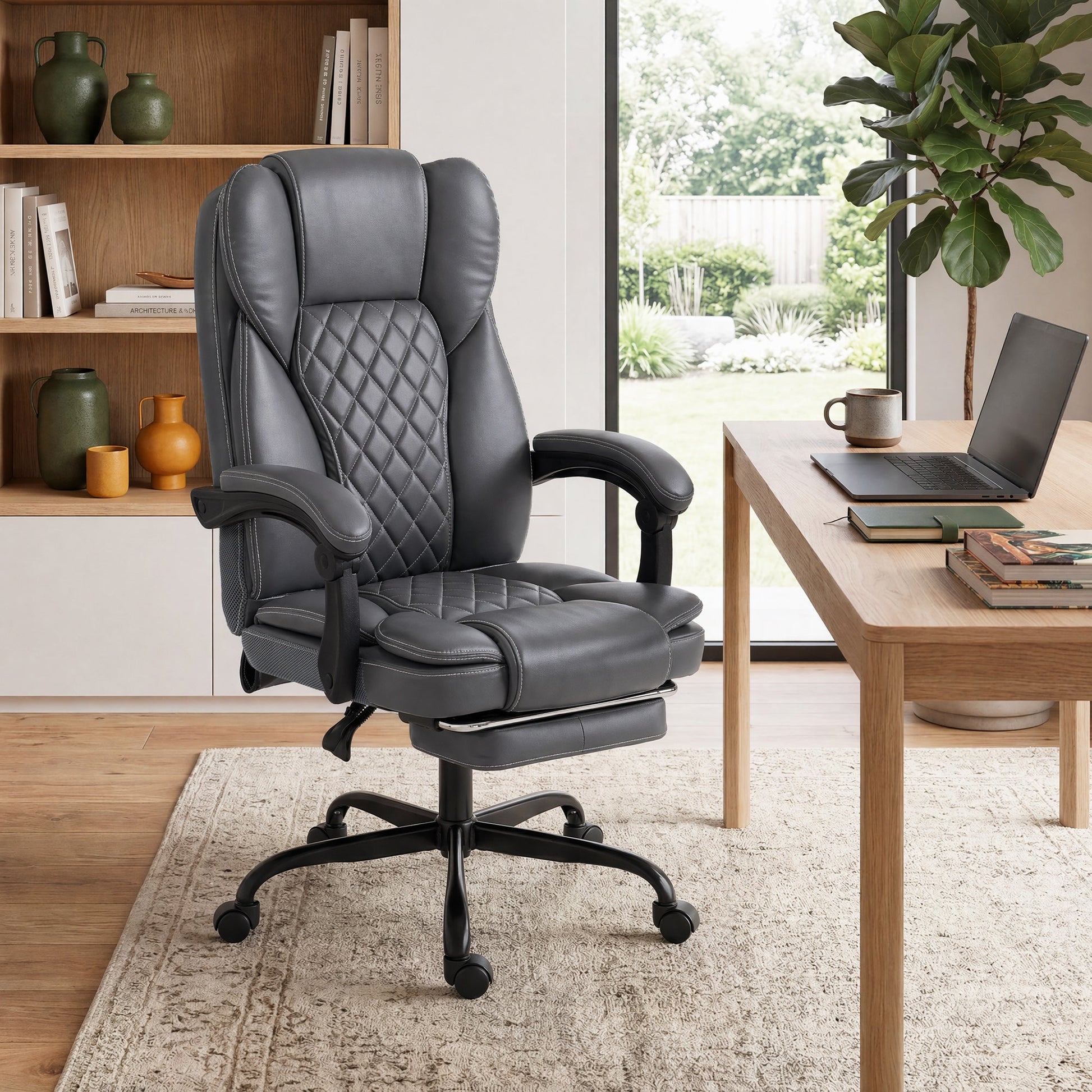 High-Back Executive Home Office Chair, PU Leather Computer Desk Chair with 360 Degree Swivel, Reclining Function, Retractable Footrest and Adjustable Height, Grey