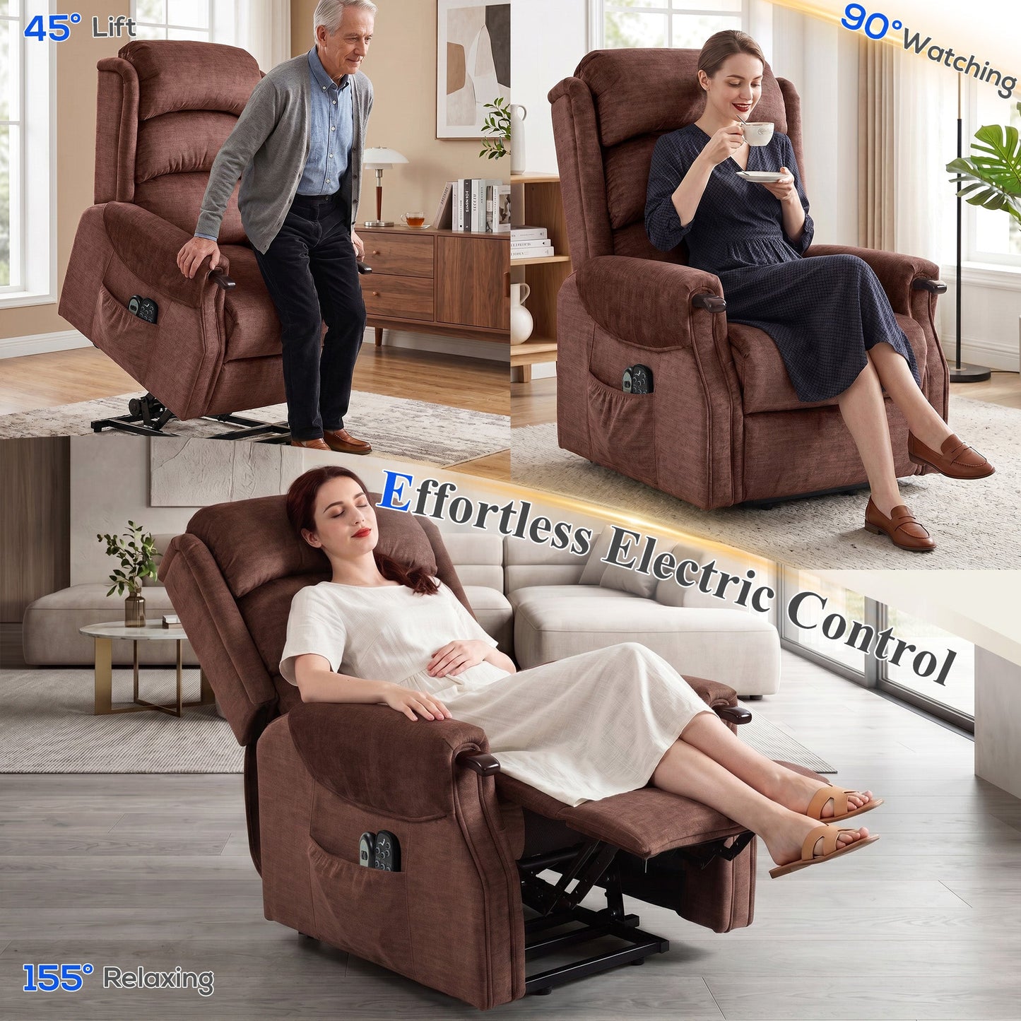 Power Lift Recliner Chair with Vibration Massage and Heat, Electric Lift Chair with Wood Grip, Pocket Spring, Fabric Riser and Reclining Armchair with Remote, Quick Assembly, Brown