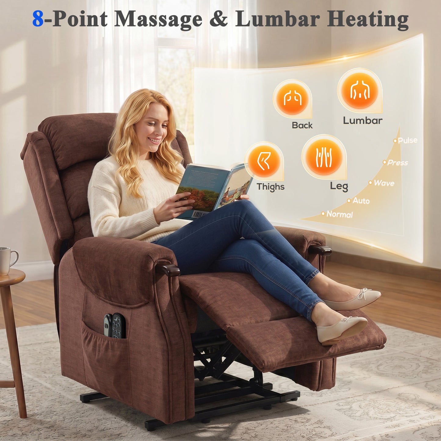 Power Lift Recliner Chair with Vibration Massage and Heat, Electric Lift Chair with Wood Grip, Pocket Spring, Fabric Riser and Reclining Armchair with Remote, Quick Assembly, Brown