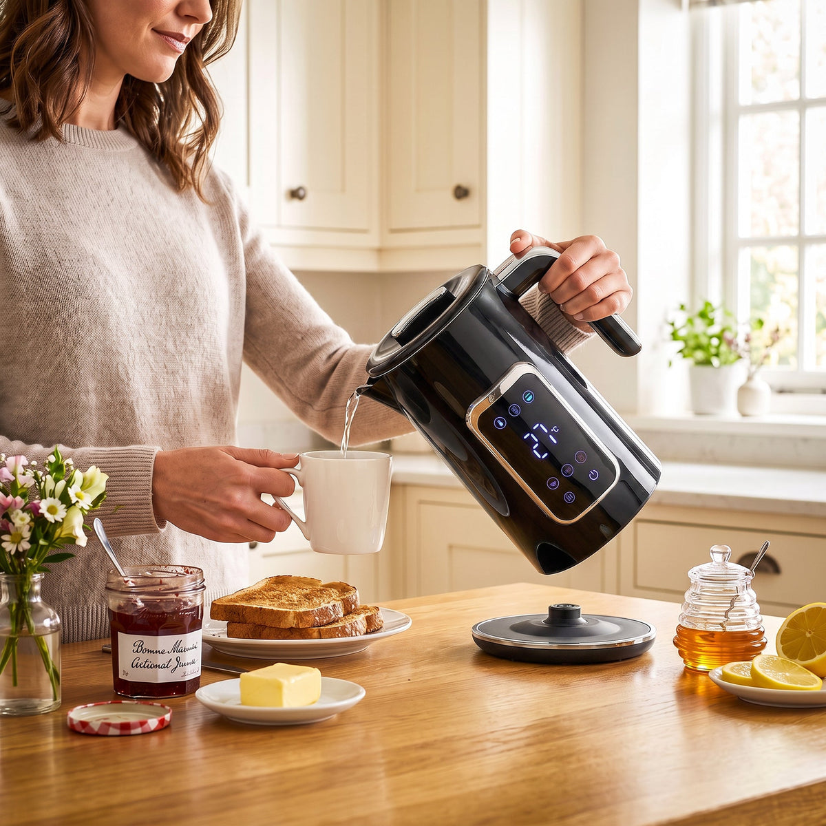 Electric Kettle, 1.7L Fast Boil 3000W Water Kettle with LED Display, Adjustable Temperature, Keep Warm Function, Auto Shut-off Boil-Dry Protection, Double-Wall, Black