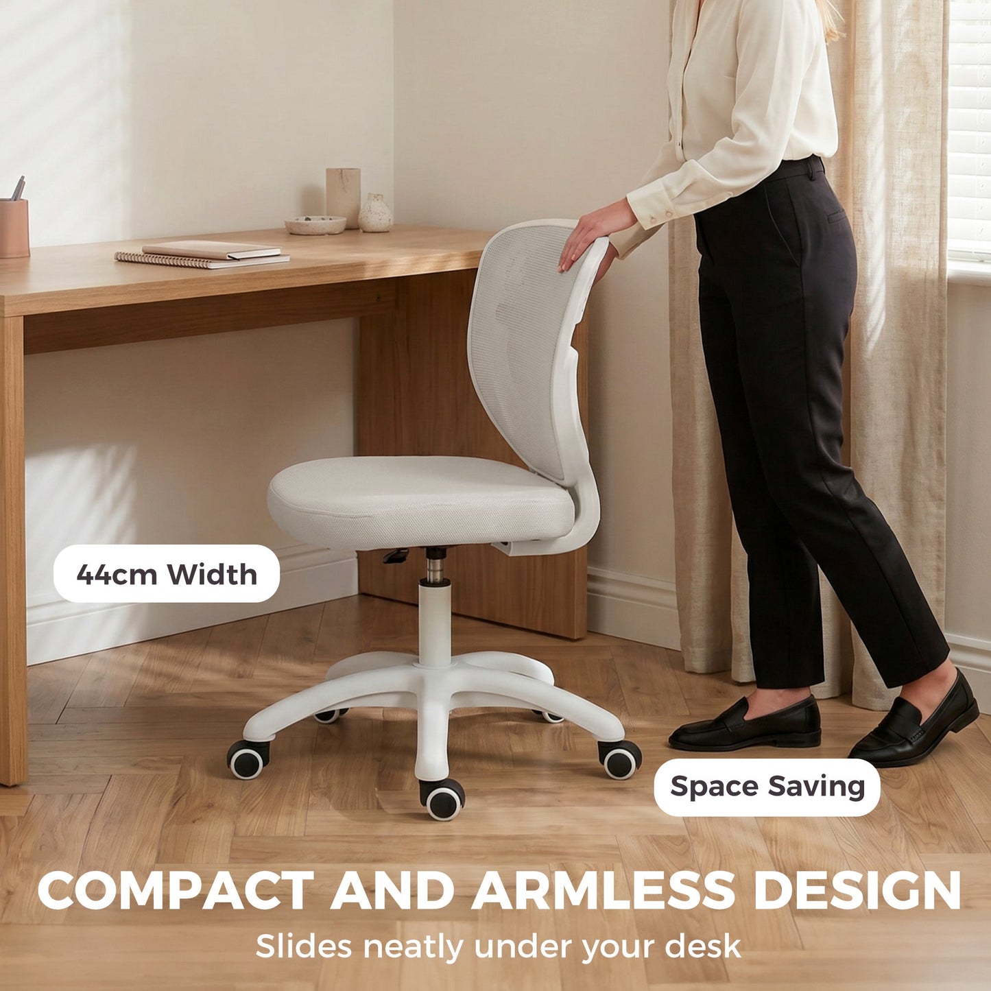 Ergonomic Office Chair, Armless Computer Desk Chair with Breathable Mesh Back, Padded Seat and Swivel Wheels, Adjustable Height for Home Office Study Bedroom, Grey