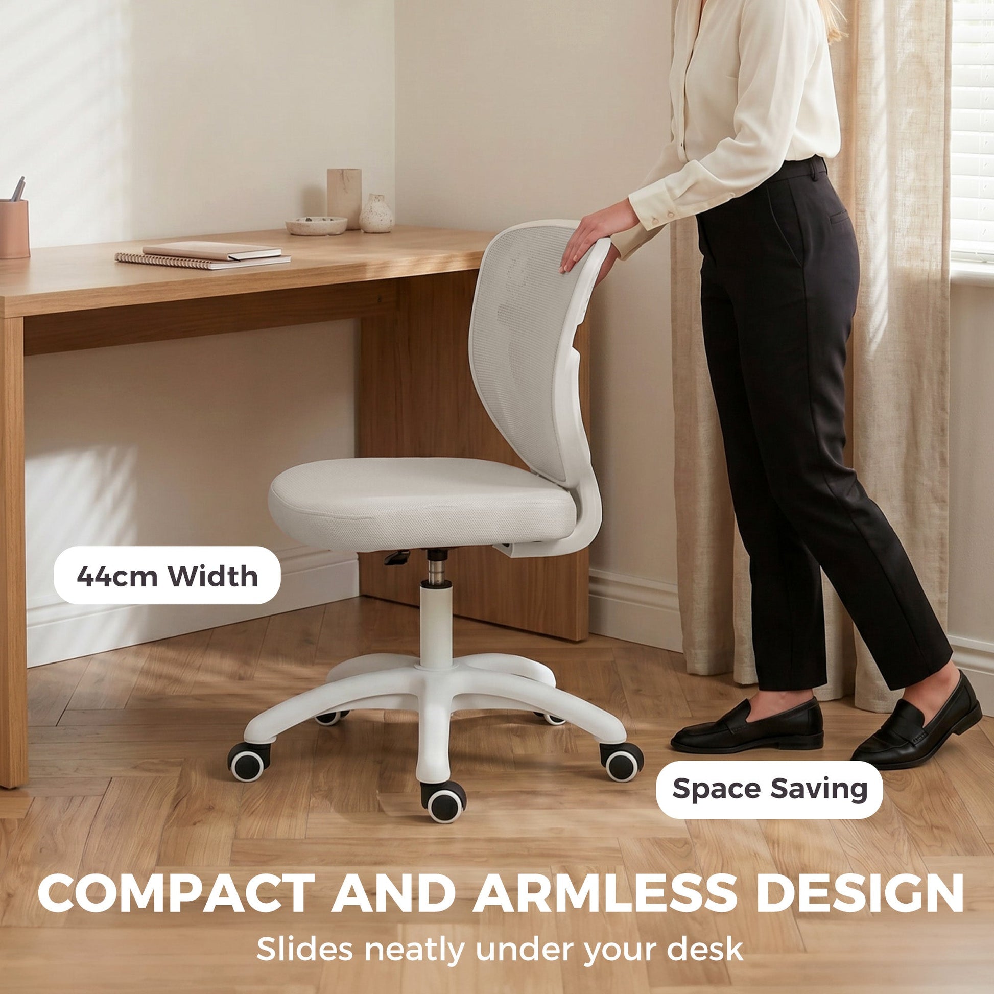 Ergonomic Office Chair, Armless Computer Desk Chair with Breathable Mesh Back, Padded Seat and Swivel Wheels, Adjustable Height for Home Office Study Bedroom, Grey