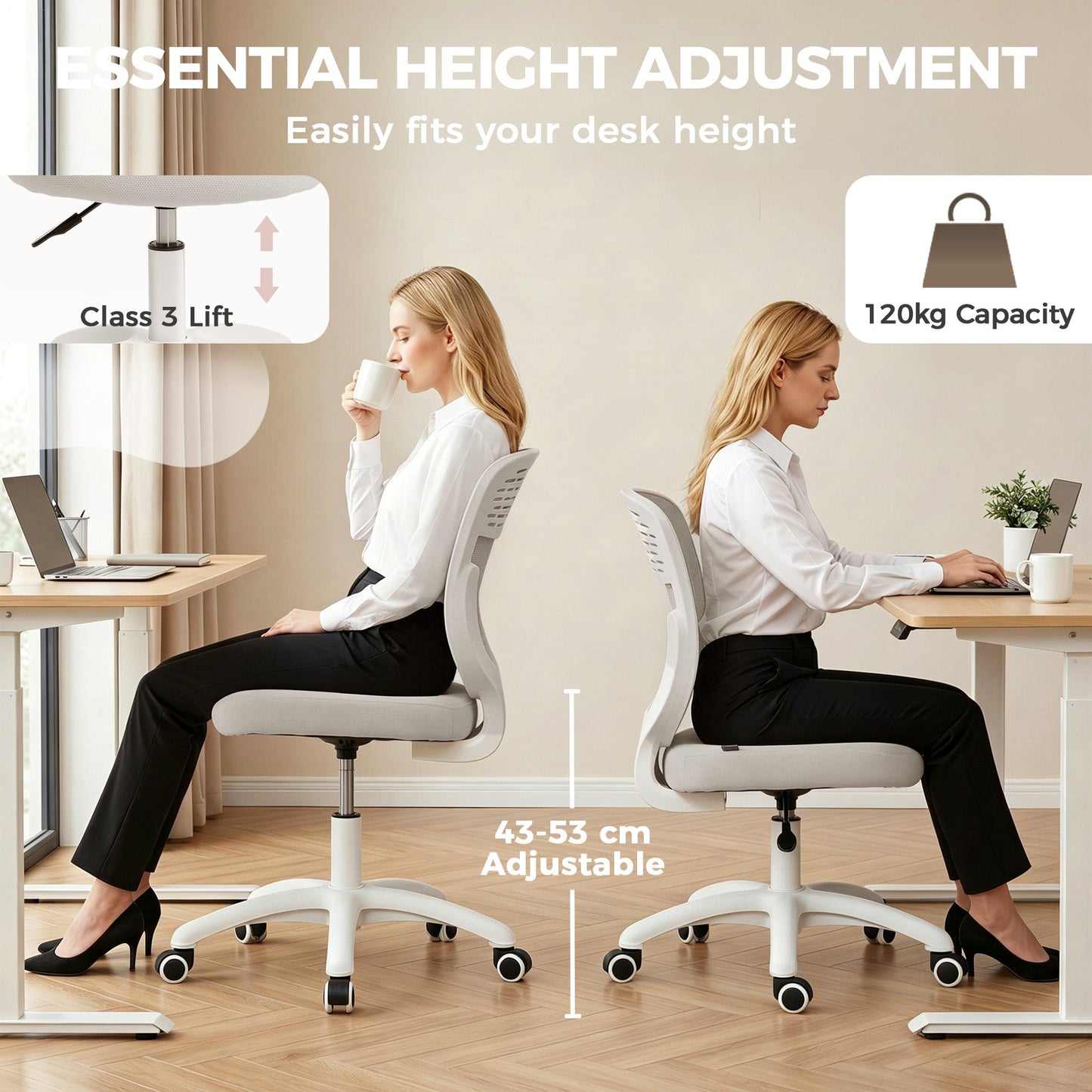 Ergonomic Office Chair, Armless Computer Desk Chair with Breathable Mesh Back, Padded Seat and Swivel Wheels, Adjustable Height for Home Office Study Bedroom, Grey