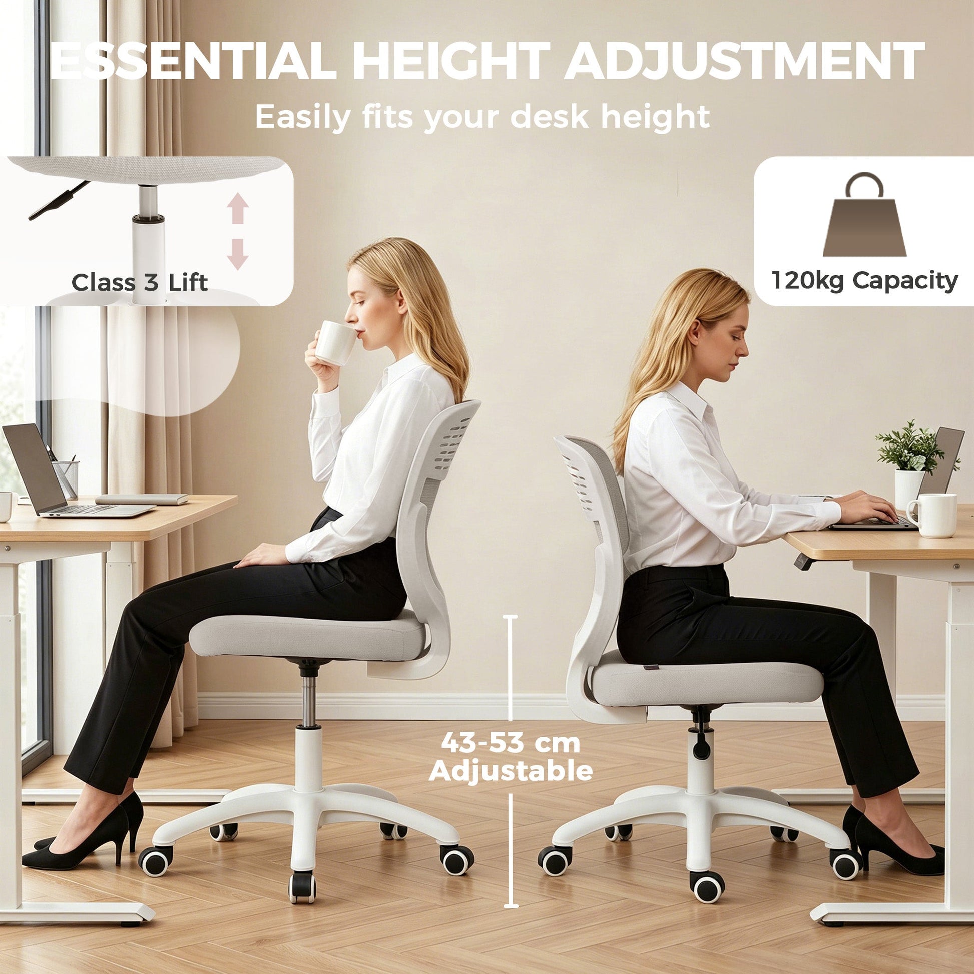 Ergonomic Office Chair, Armless Computer Desk Chair with Breathable Mesh Back, Padded Seat and Swivel Wheels, Adjustable Height for Home Office Study Bedroom, Grey