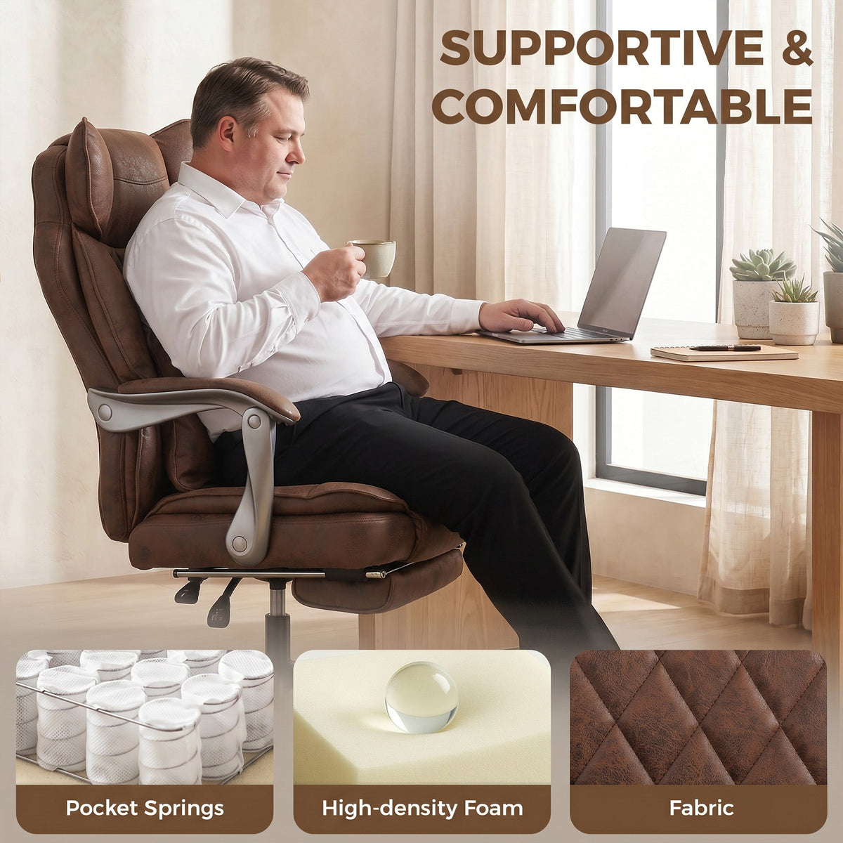 Executive Office Chair with Footrest, 180kg 400lb Big and Tall Leathaire Desk Chair with Wide Seat, Reclining Back, Lumbar Support, Built-in Headrest, Class 4 Gas Lift, Swivel Wheel, Brown