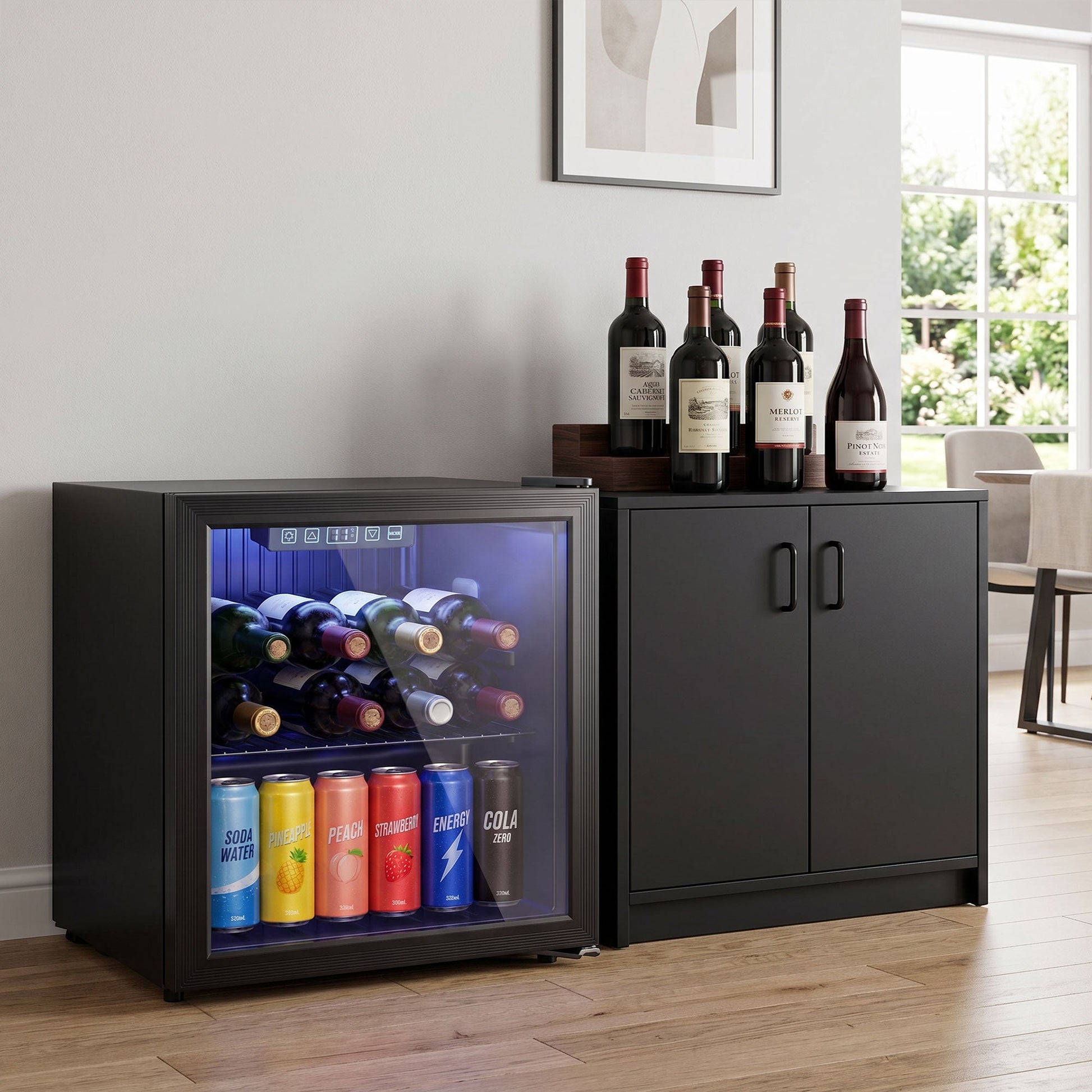 50L Drinks Fridge, 48 Can Under Counter Freestanding Beer Fridge with Double-Layer Glass Door, Wine Cooler with LED Light, Adjustable Shelf, Beverage Cooler for Soda Beer, Home Office