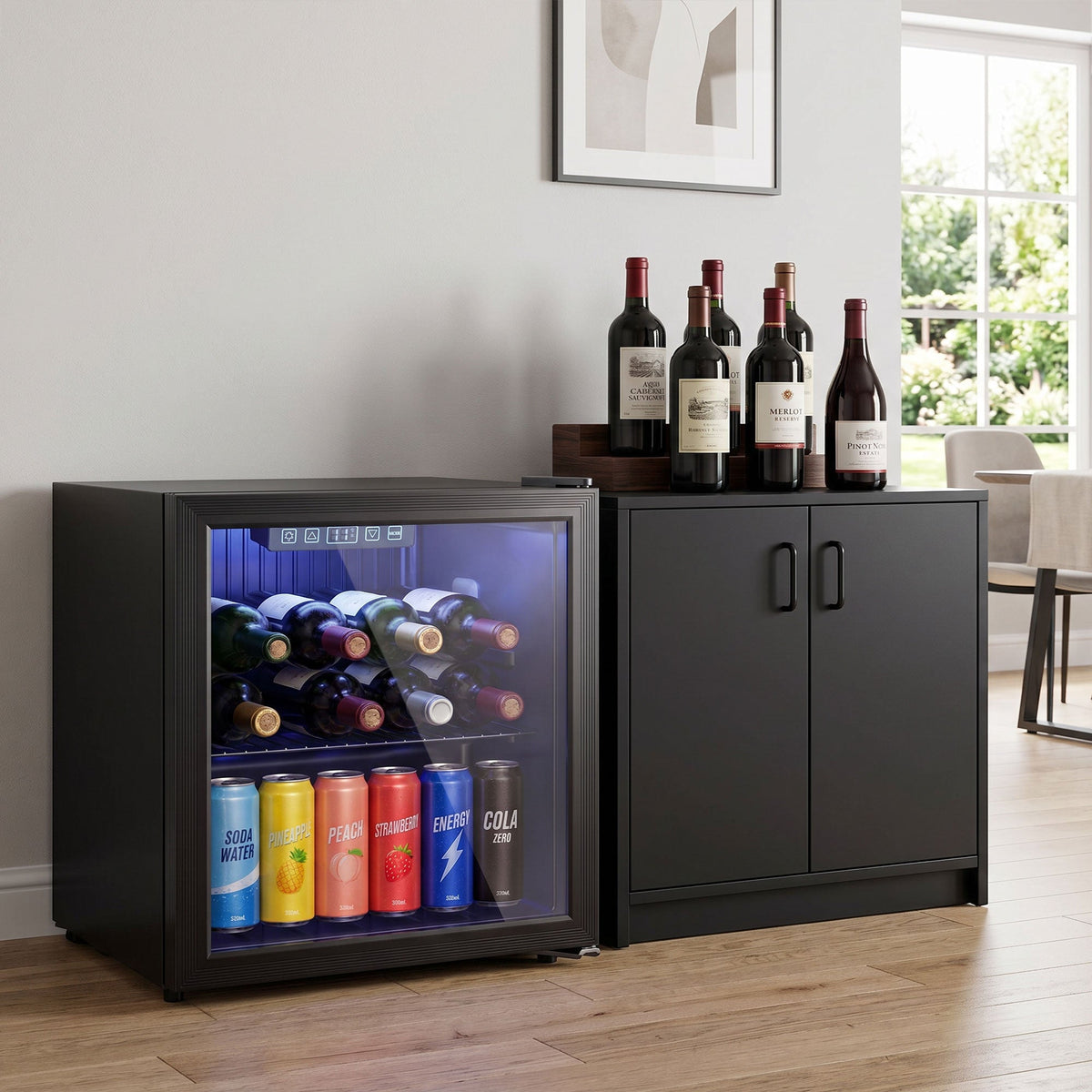 50L Drinks Fridge, 48 Can Under Counter Freestanding Beer Fridge with Double-Layer Glass Door, Wine Cooler with LED Light, Adjustable Shelf, Beverage Cooler for Soda Beer, Home Office