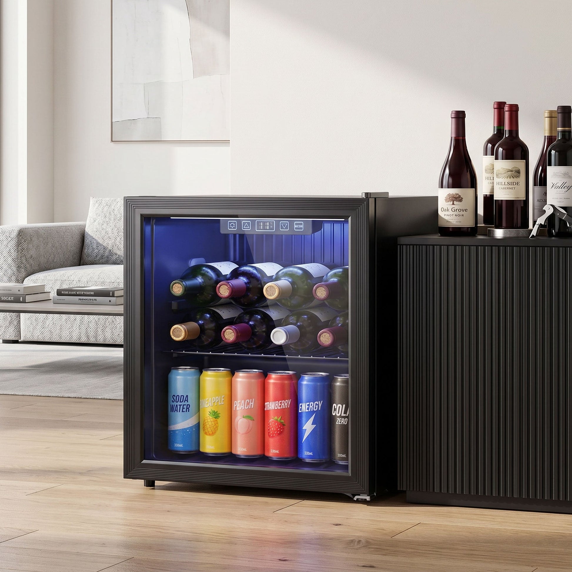 50L Drinks Fridge, 48 Can Under Counter Freestanding Beer Fridge with Double-Layer Glass Door, Wine Cooler with LED Light, Adjustable Shelf, Beverage Cooler for Soda Beer, Home Office