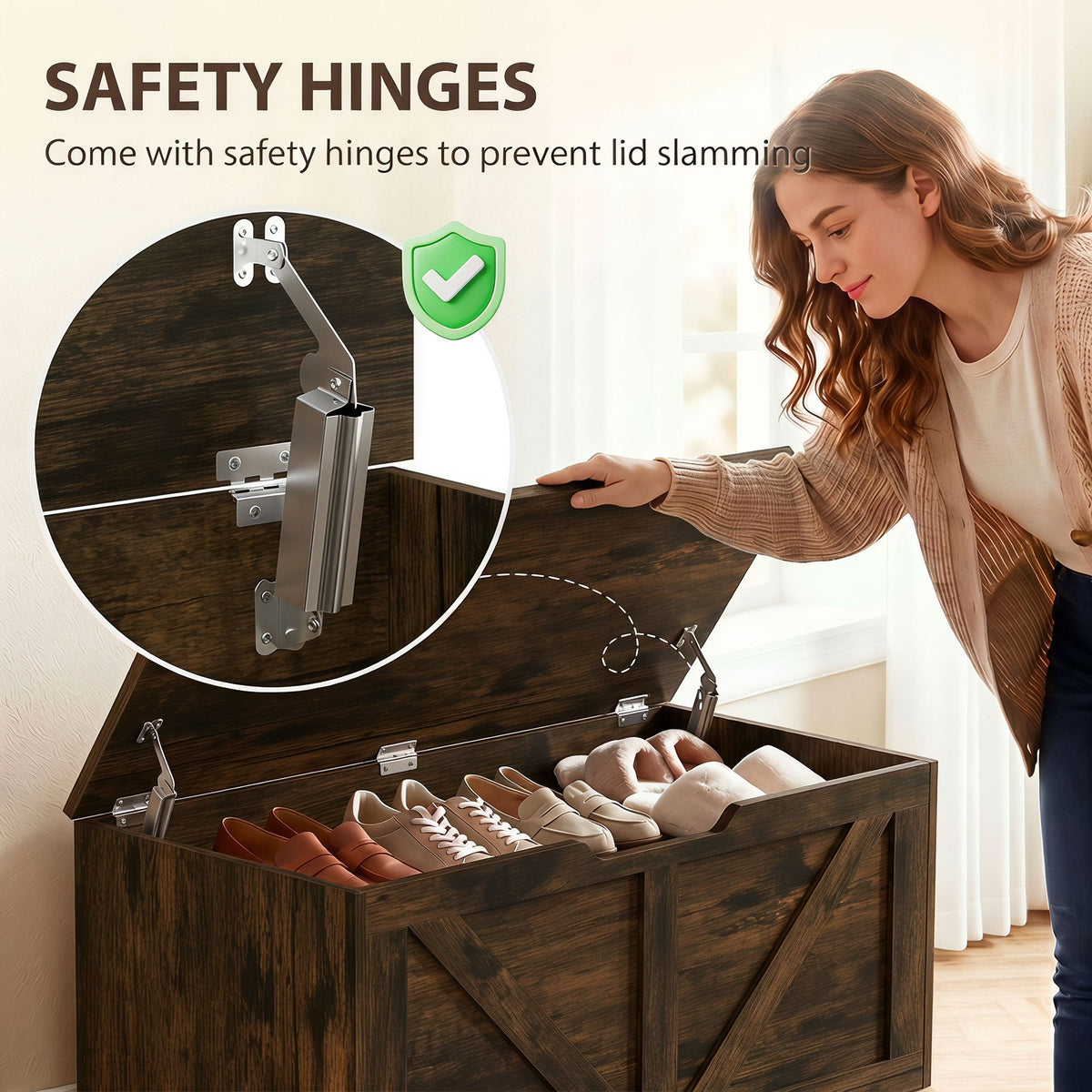 127L Storage Chest, Shoe Storage Trunk Bench Box with 2 Safety Hinges and U-shaped Cut-out Pull, Blanket Box Ottoman for Bedroom, Living Room, Entryway, 100 x 40 x 45 cm, Rustic Brown