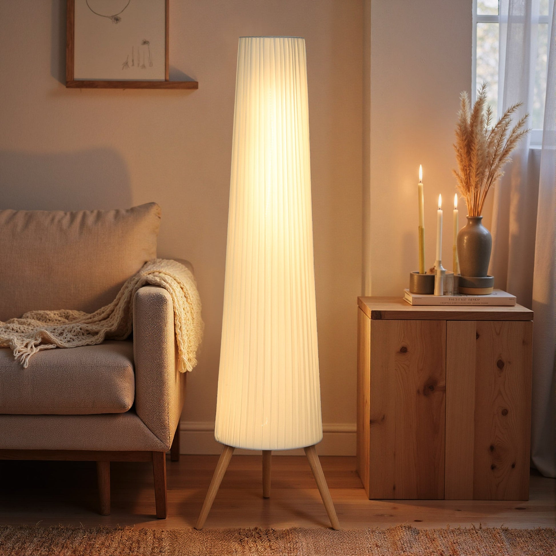 Dimmable Tripod Floor Lamp with Foot Switch, Nordic Standing Lamp with Wood Legs and Fabric Shade for Living Room, Bedroom, Office, 153cm, White