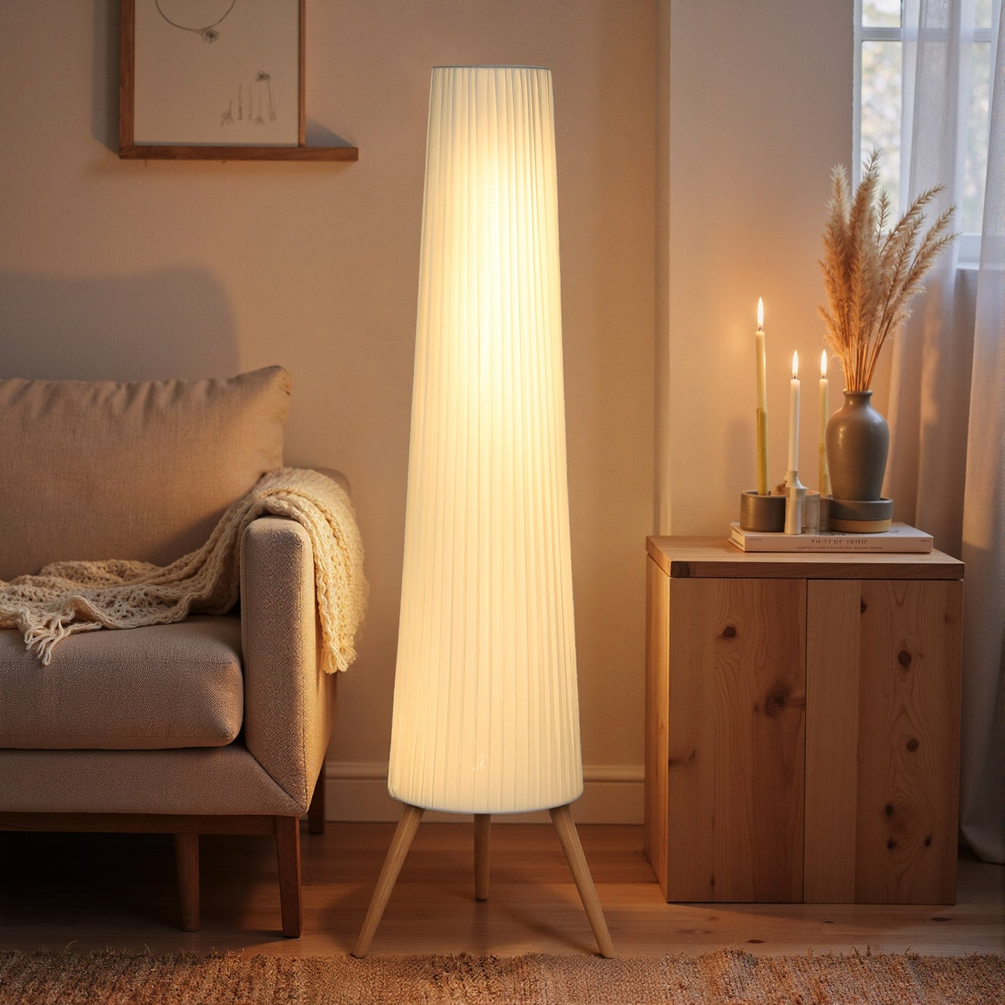Dimmable Tripod Floor Lamp with Foot Switch, Nordic Standing Lamp with Wood Legs and Fabric Shade for Living Room, Bedroom, Office, 153cm, White