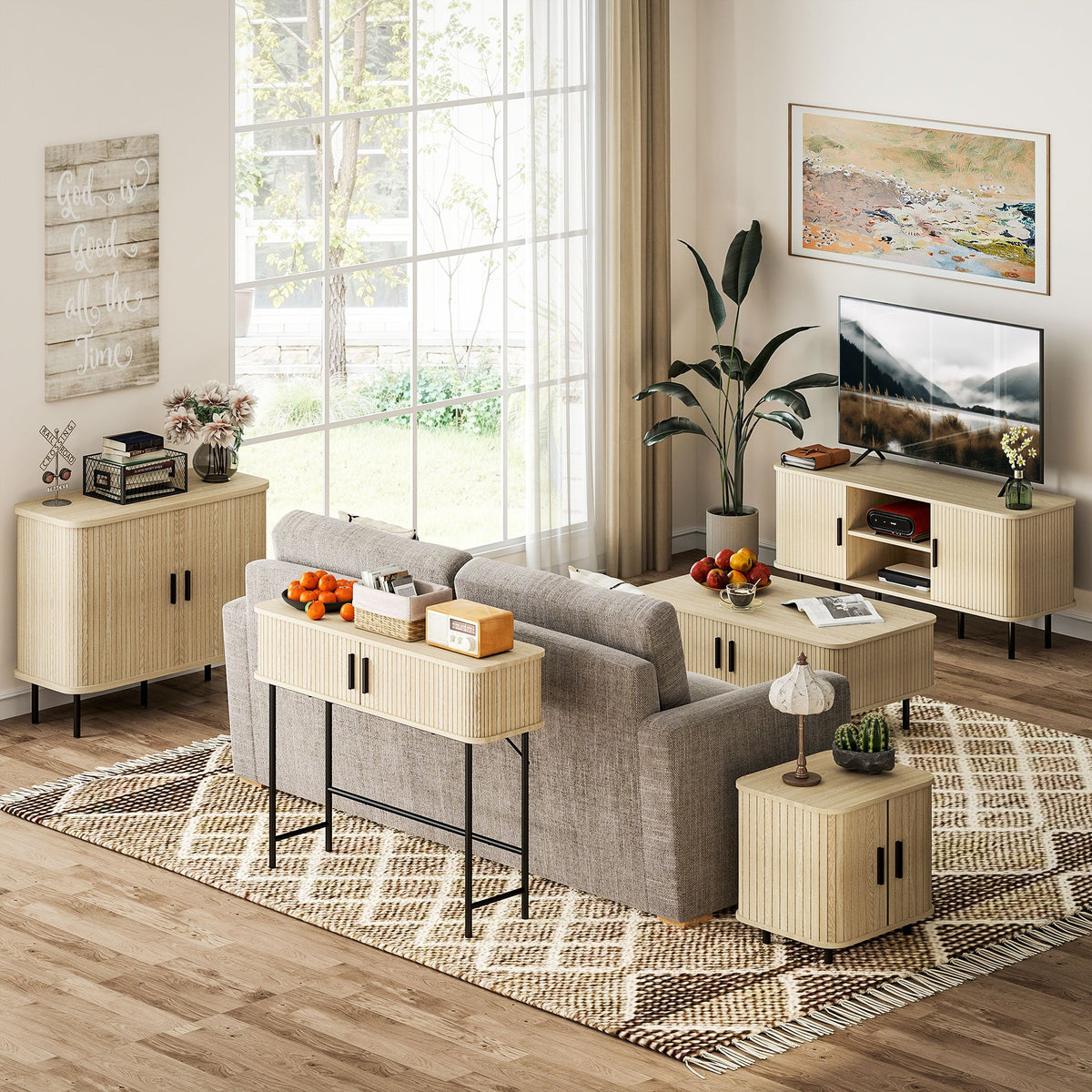 HOMCOM TV Stand Cabinet for TVs up to 55 Inches, TV Unit with Storage Shelves and Cupboard for Living Room, Oak Tone