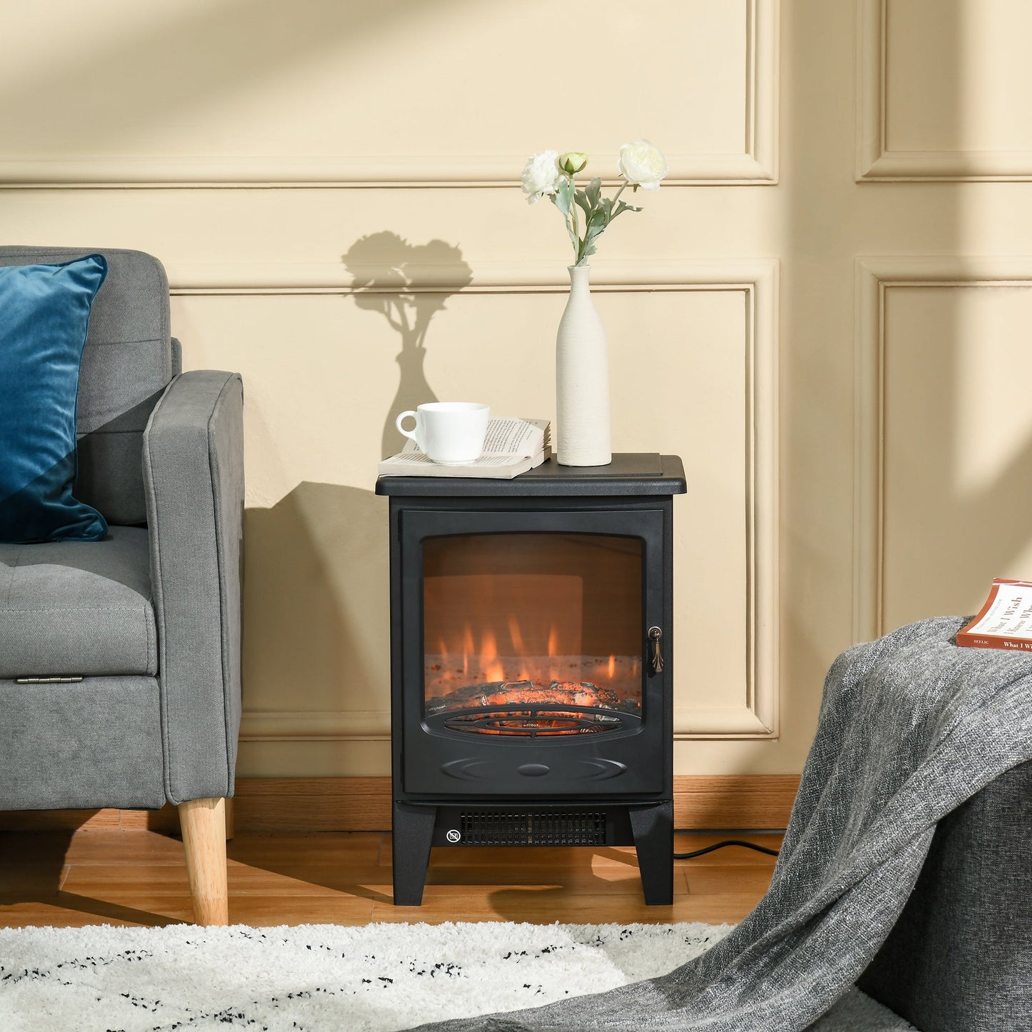 Electric Fireplace Stove, Free standing Fireplace Heater with Realistic LED Flame Effect, Overheat Safety Protection, 900W/1800W, Black
