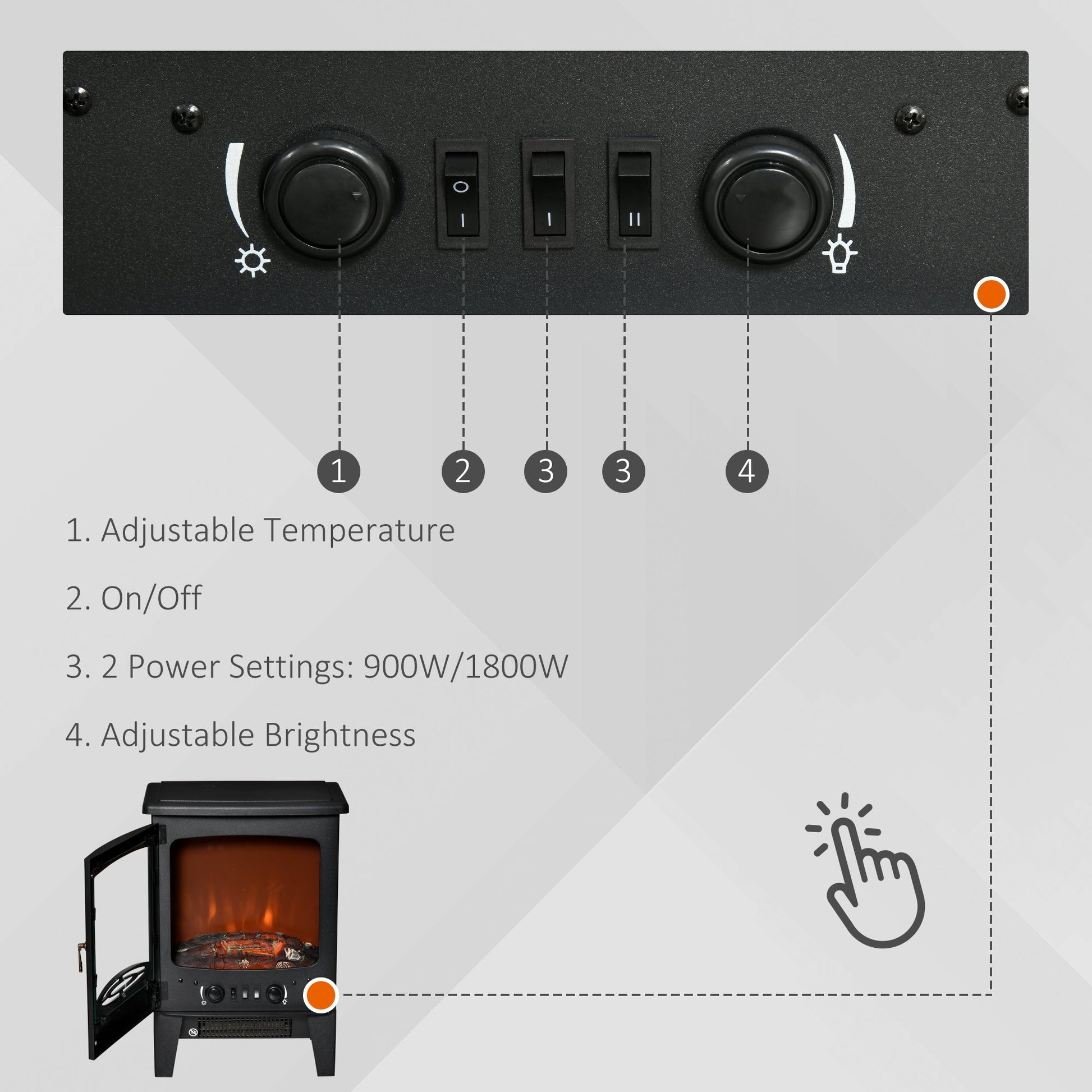 Electric Fireplace Stove, Free standing Fireplace Heater with Realistic LED Flame Effect, Overheat Safety Protection, 900W/1800W, Black