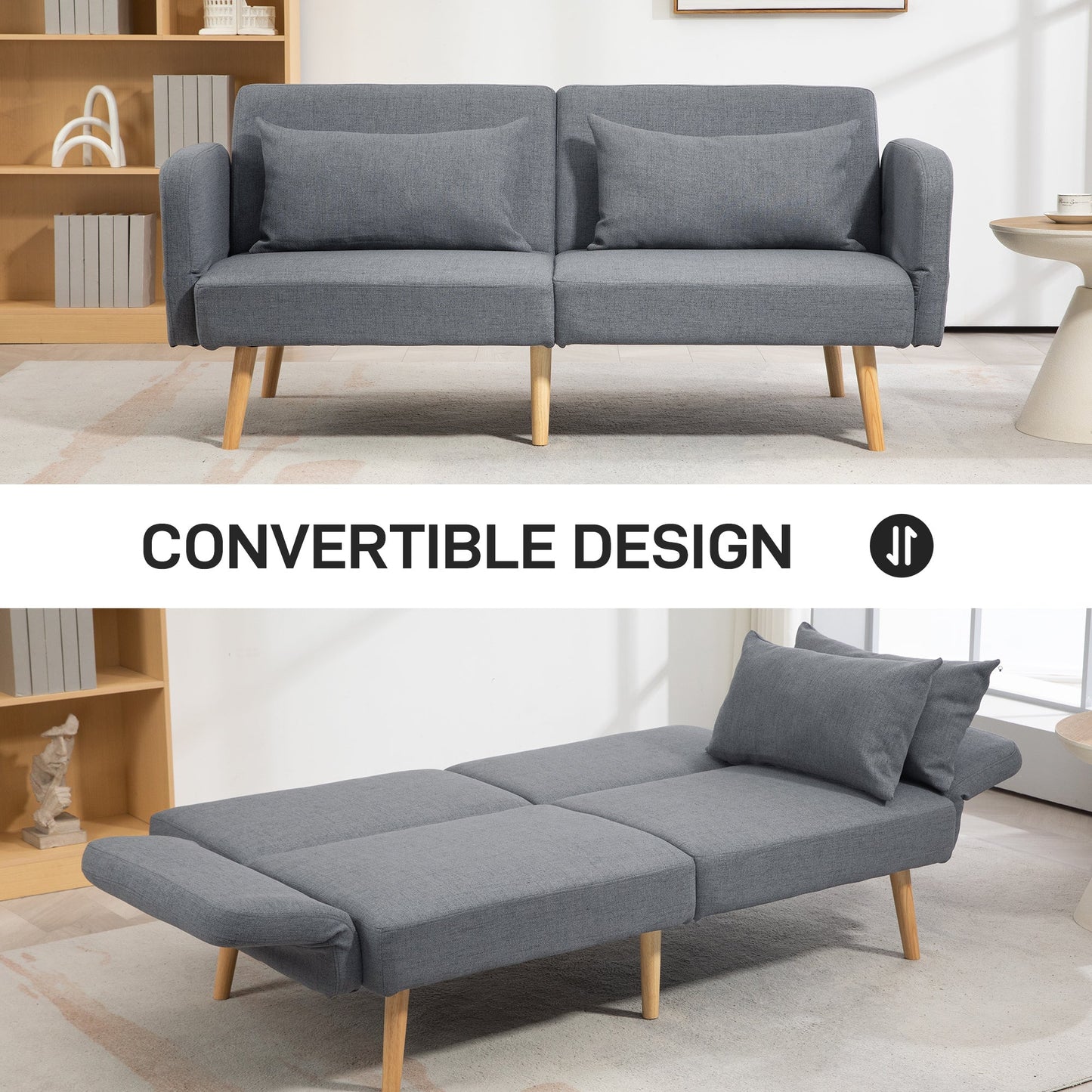 HOMCOM 3 Seater Sofa, 2 Seater Sofa Bed, Convertible Bed Settee, Modern Fabric Loveseat Sofa Couch with 2 Cushions for Living Room, Guest Room, Grey