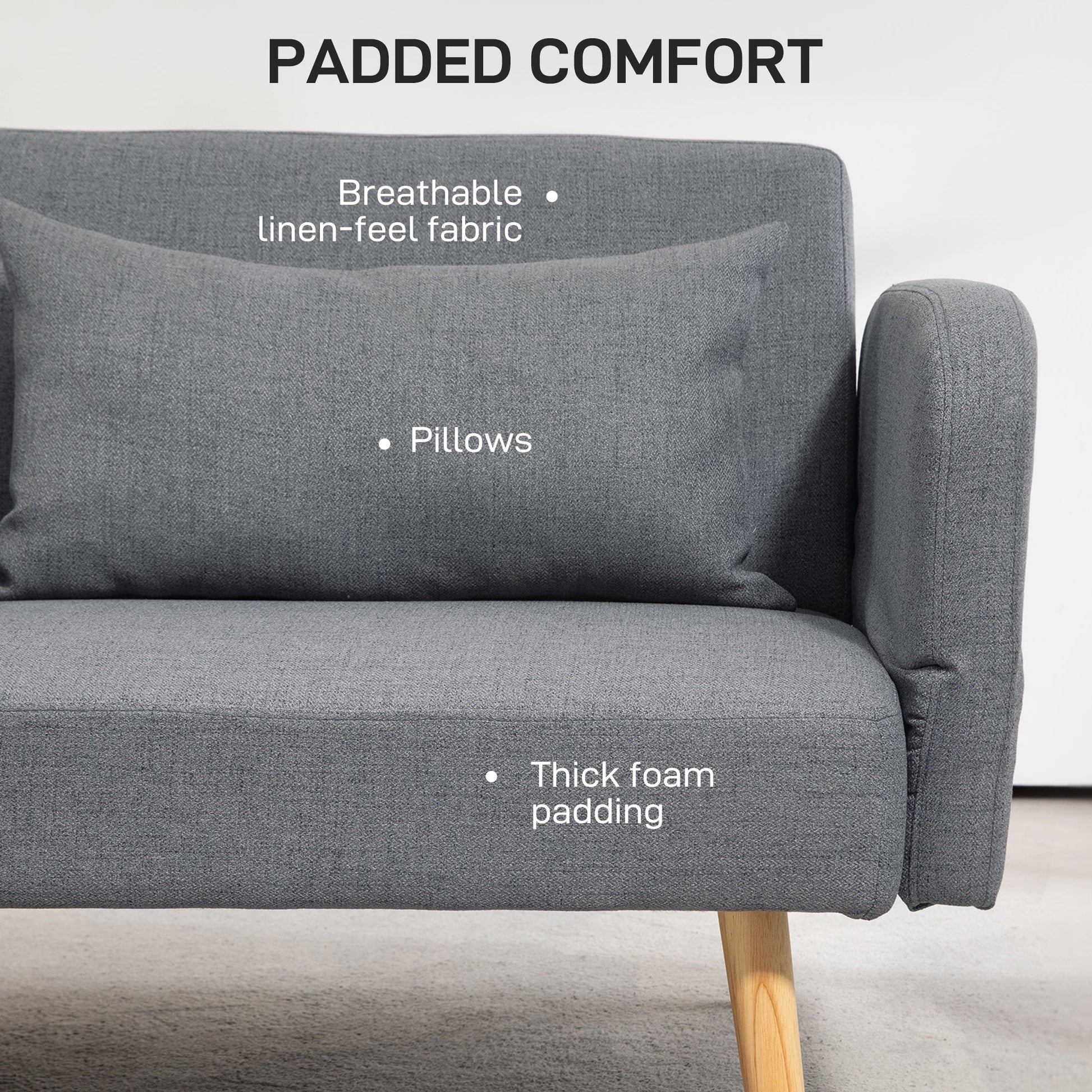HOMCOM 3 Seater Sofa, 2 Seater Sofa Bed, Convertible Bed Settee, Modern Fabric Loveseat Sofa Couch with 2 Cushions for Living Room, Guest Room, Grey