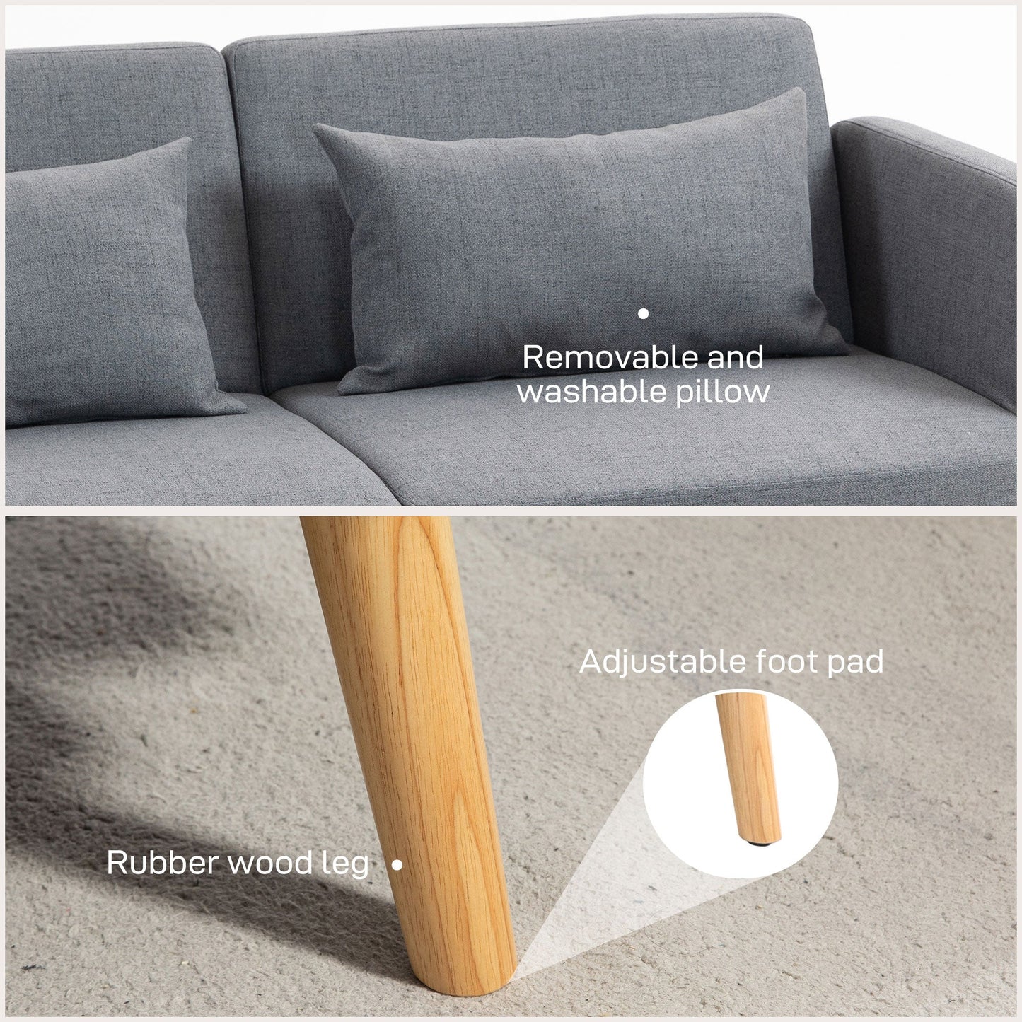 HOMCOM 3 Seater Sofa, 2 Seater Sofa Bed, Convertible Bed Settee, Modern Fabric Loveseat Sofa Couch with 2 Cushions for Living Room, Guest Room, Grey