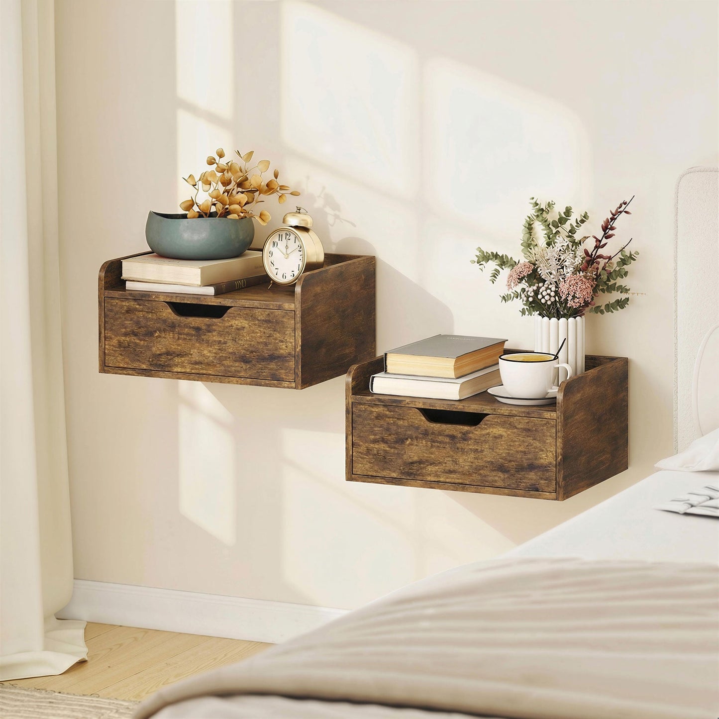 Floating Nightstands Set of 2, Wall Mounted Bedside Table with Storage Drawer for Bedroom, Rustic Brown