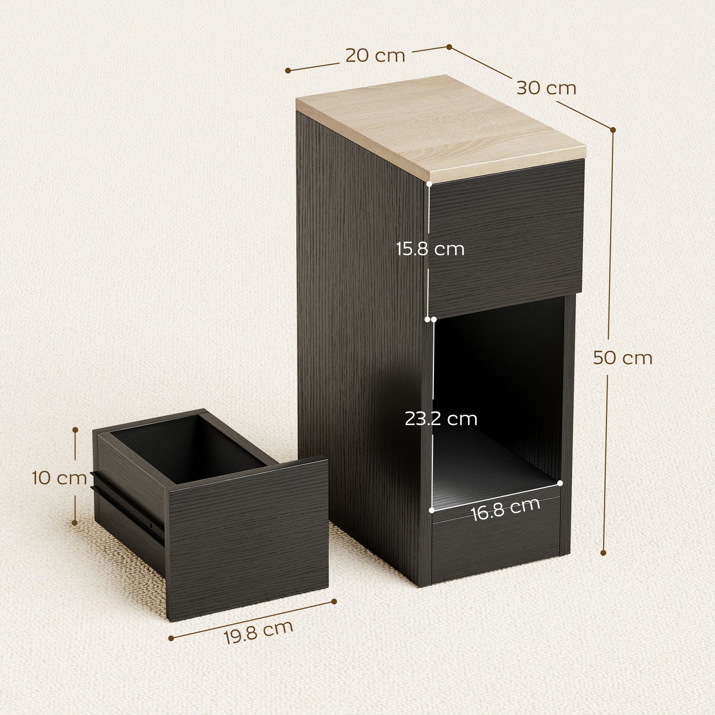 Bedside Tables Set of 2, Modern Side Tables with Drawer and Shelf, Nightstands for Bedroom, Living Room, Black