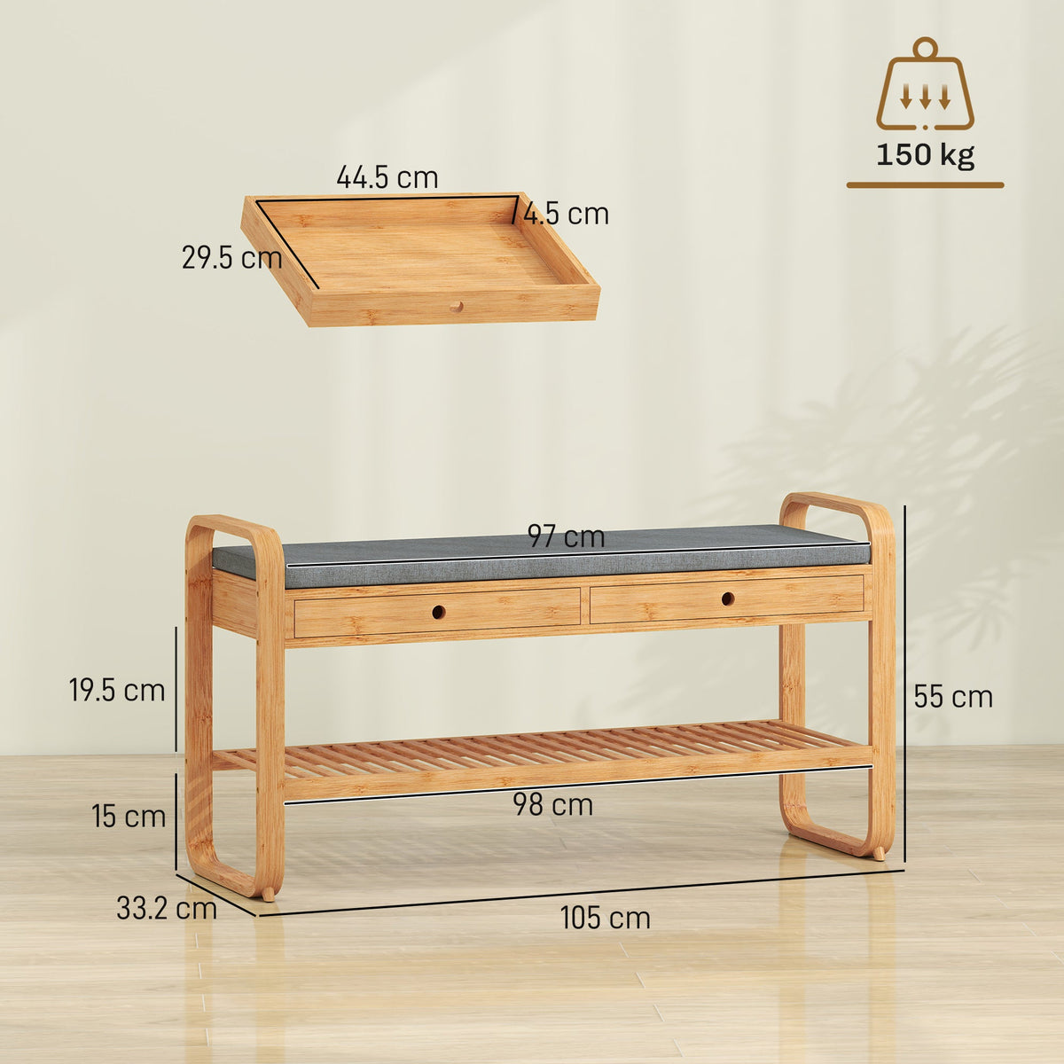 Shoe Bench with 2 Drawers, Shoe Storage Bench with Cushioned Seat, Storage Shelf and Bamboo Frame, 130 kg Weight Capacity, 105 x 33.2 x 55 cm, Natural and Grey
