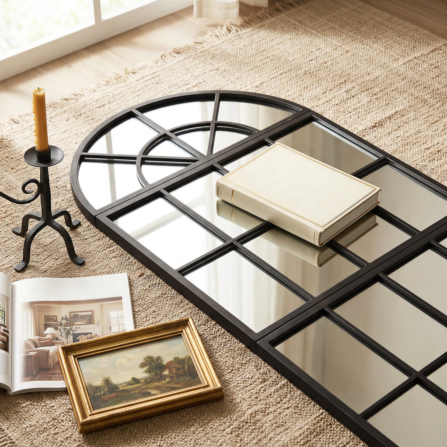 120 x 54 cm, Modern Large Arched Wall Mirror with Metal Grid, 3-Piece Split Window Mirrors with Tempered Glass for Window Decoration, Bedroom and Entryway, Black