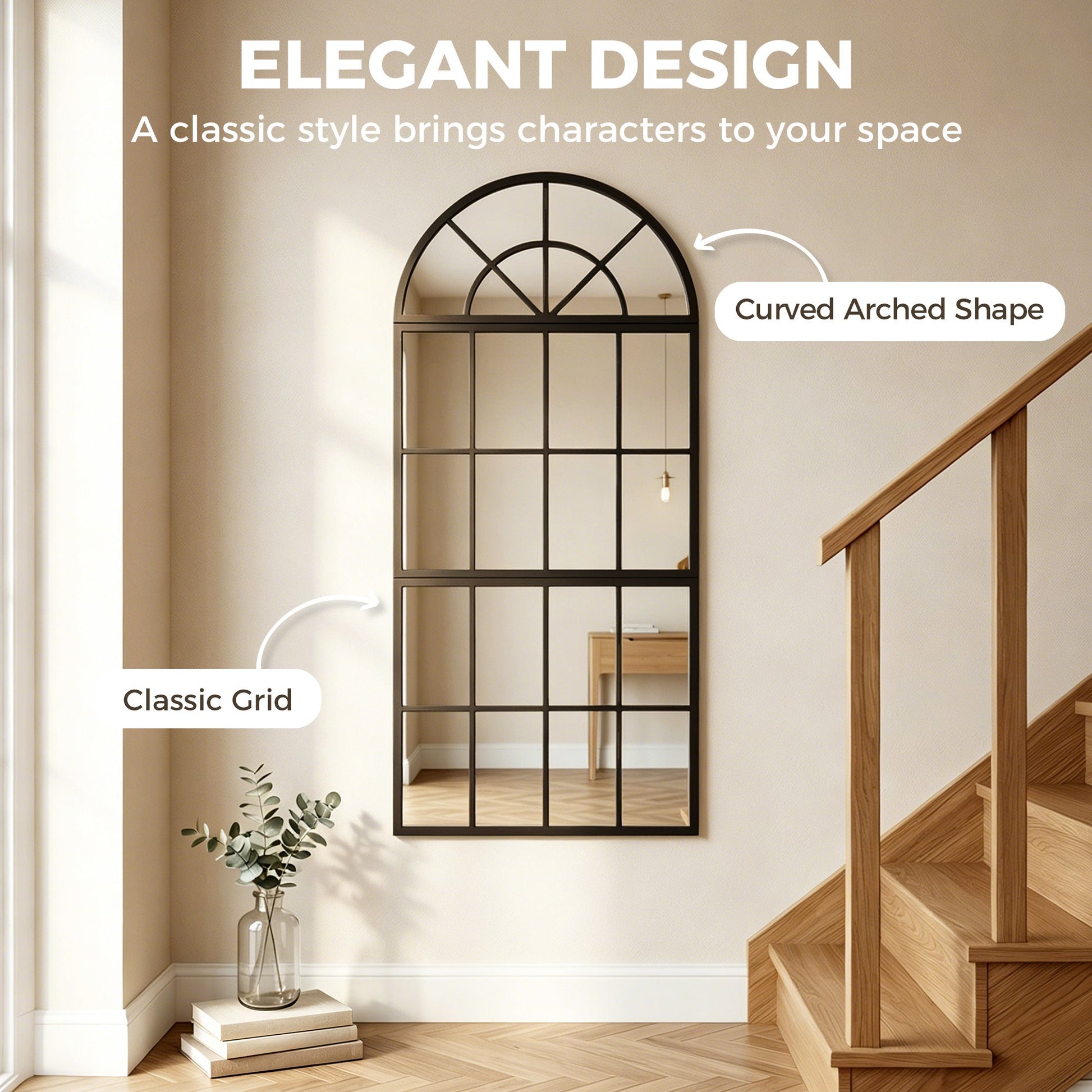 120 x 54 cm, Modern Large Arched Wall Mirror with Metal Grid, 3-Piece Split Window Mirrors with Tempered Glass for Window Decoration, Bedroom and Entryway, Black